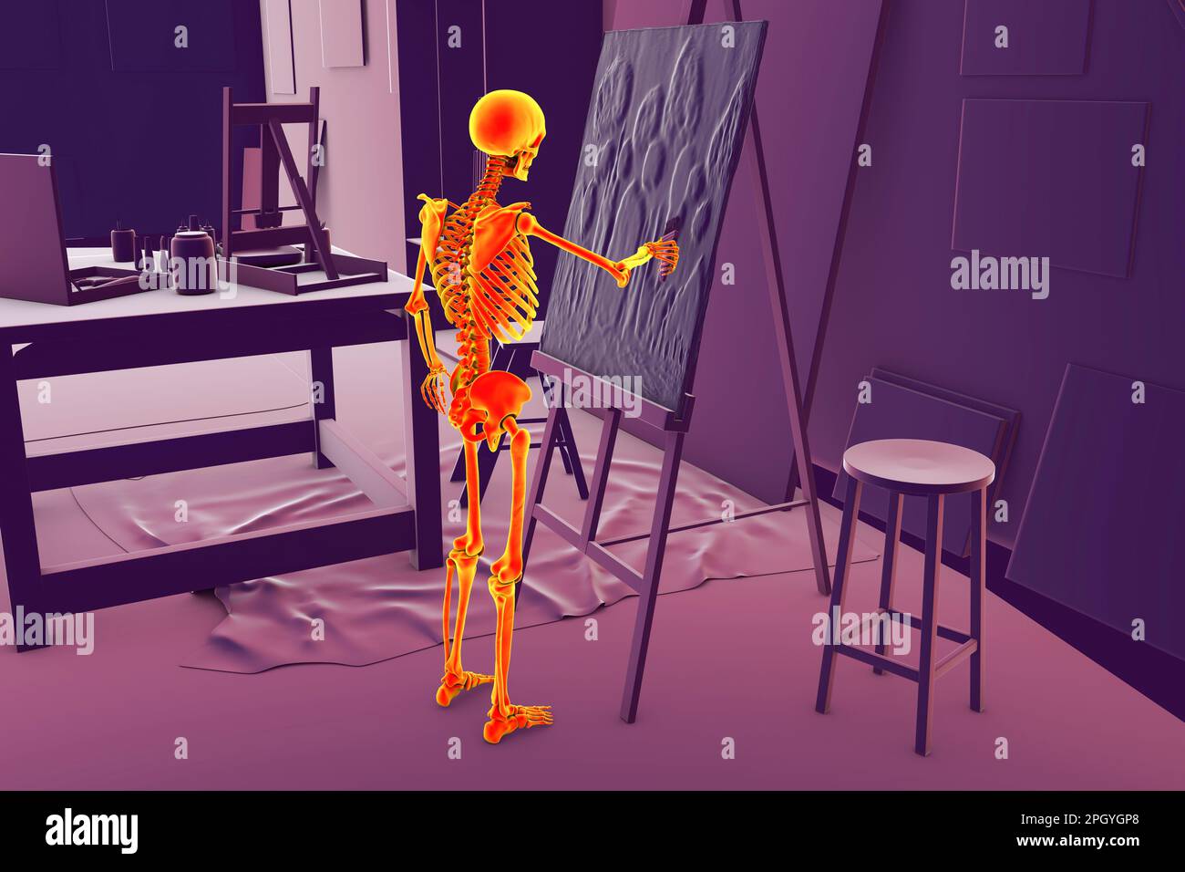 Skeleton painting in a studio, illustration Stock Photo - Alamy