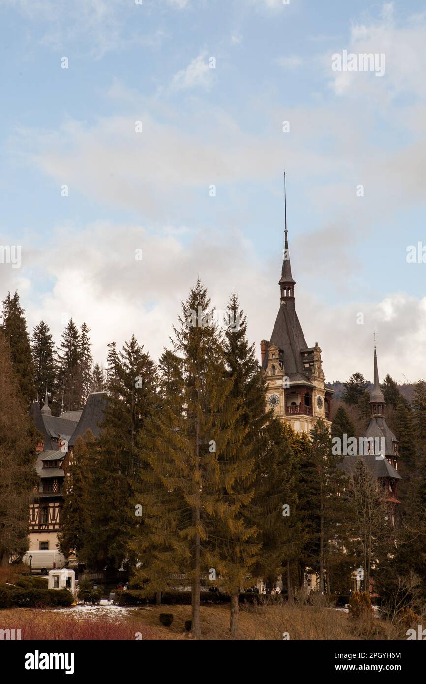 Side view of Peles Castle from Sinaia, Romania. Medieval castle Stock ...