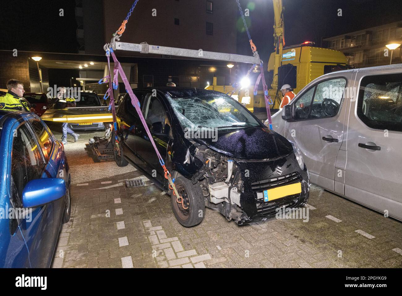 IJMUIDEN - A motorist killed a woman and her dog and then drove on. Later that evening, three people reported to the police station. They have been arrested. Their role in the traffic accident is being investigated. The car involved in the accident was found on Schiplaan and seized for investigation. ANP MICHEL VAN BERGEN netherlands out - belgium out Stock Photo