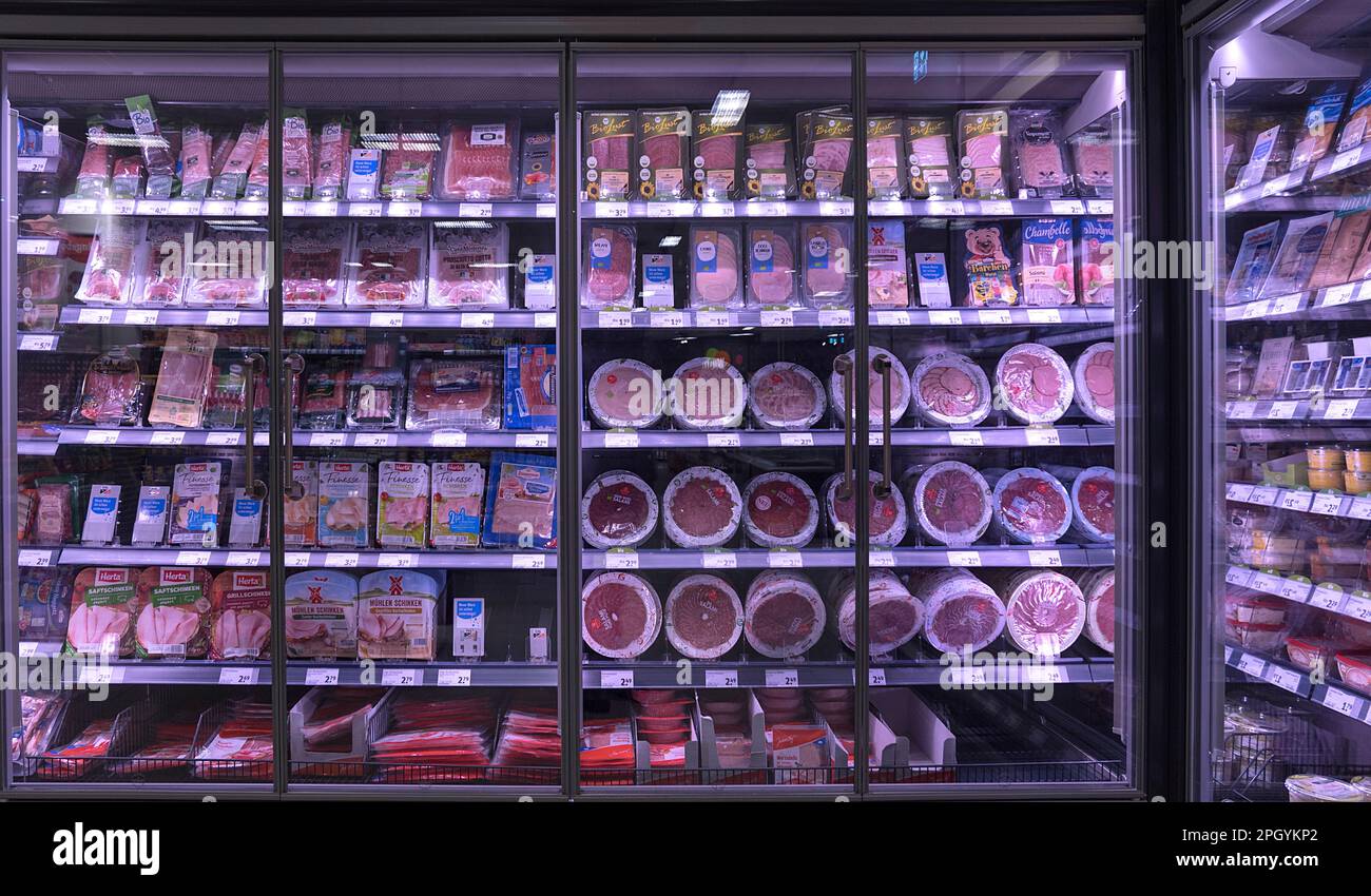 Sausages on offer in the refrigerated shelves in a supermarket, Bavaria, Germany Stock Photo