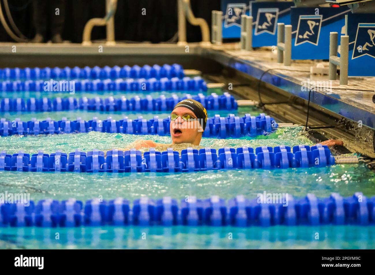 Minneapolis, Minnesota, USA. 24th Mar, 2023. ASU sophomore LEON MARCHAND finishes the 400 Individual Medley championship race at the 2023 NCAA Men's Swimming and Diving Championships in Minneapolis, Minnesota. Leon broke the record with a time of 3:31.57 (Credit Image: © Steven Garcia/ZUMA Press Wire) EDITORIAL USAGE ONLY! Not for Commercial USAGE! Stock Photo