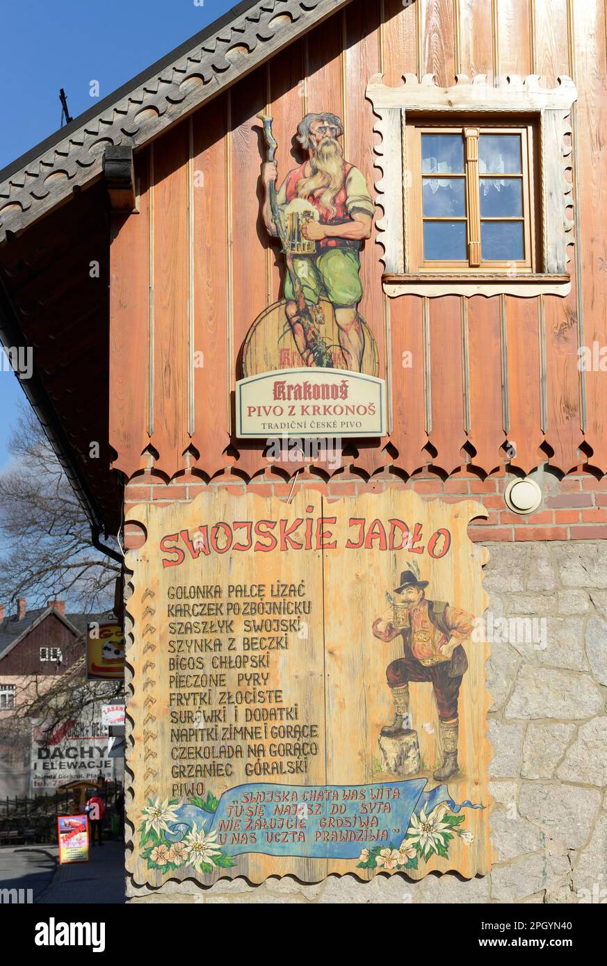 Giant Ruebezahl, restaurant, beer advertising, Karpacz, Lower Silesia, Poland Stock Photo