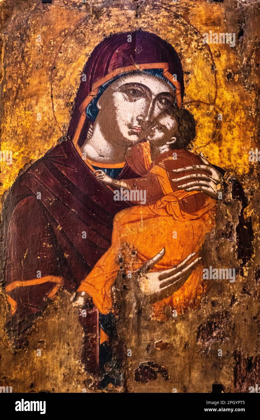 Virgin Mary Glykophilousa, 17th c., Ikoe in Panagia tou Kastrou, Mary of the Castle, Cathedral, Byzantine Museum, 11th c., Rhodes Town, Greece Stock Photo