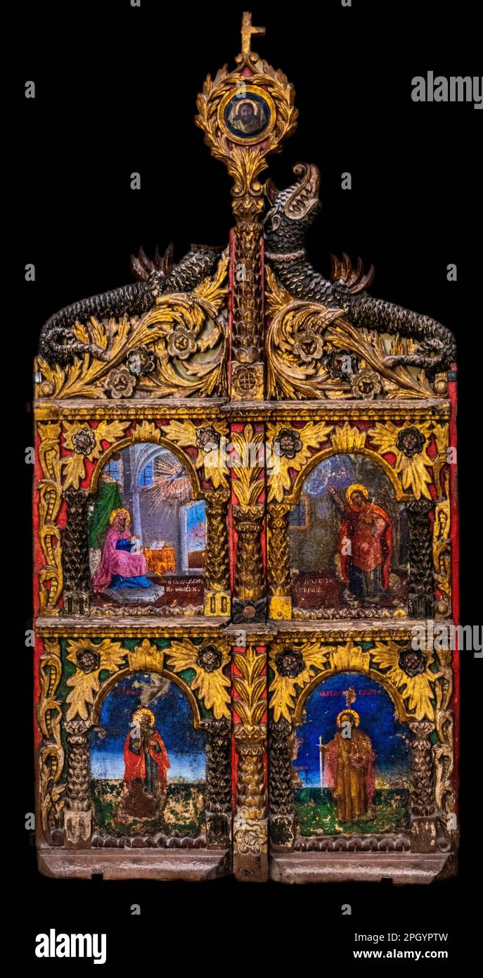 Carved and painted door of the sanctuary, 19th c., Ikoe in Panagia tou Kastrou, Mary of the Castle, Cathedral, Byzantine Museum, 11th c., Rhodes Stock Photo