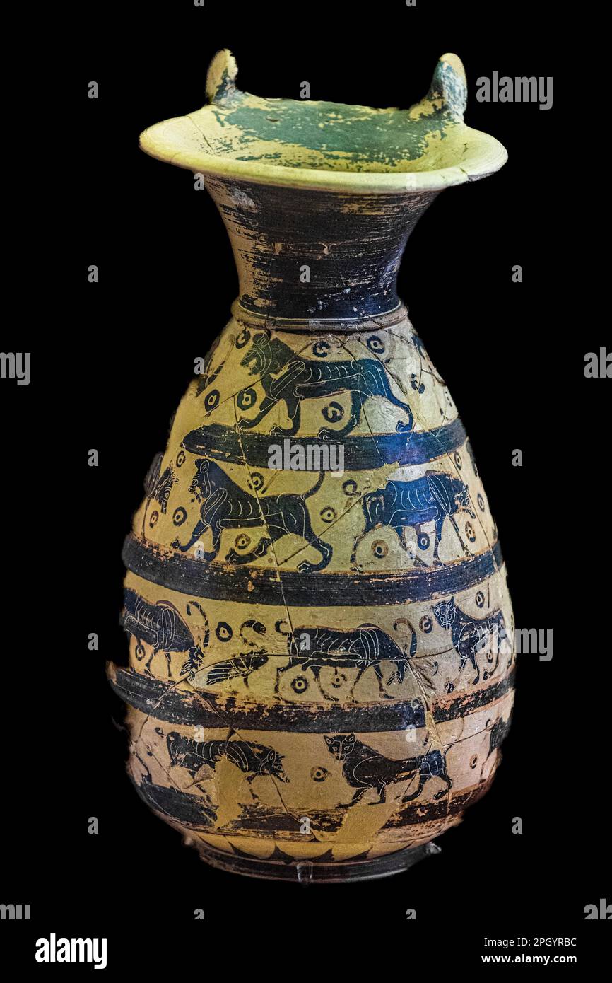 Jug with miniature scenes in blackfigure technique, ProtoCorinthian