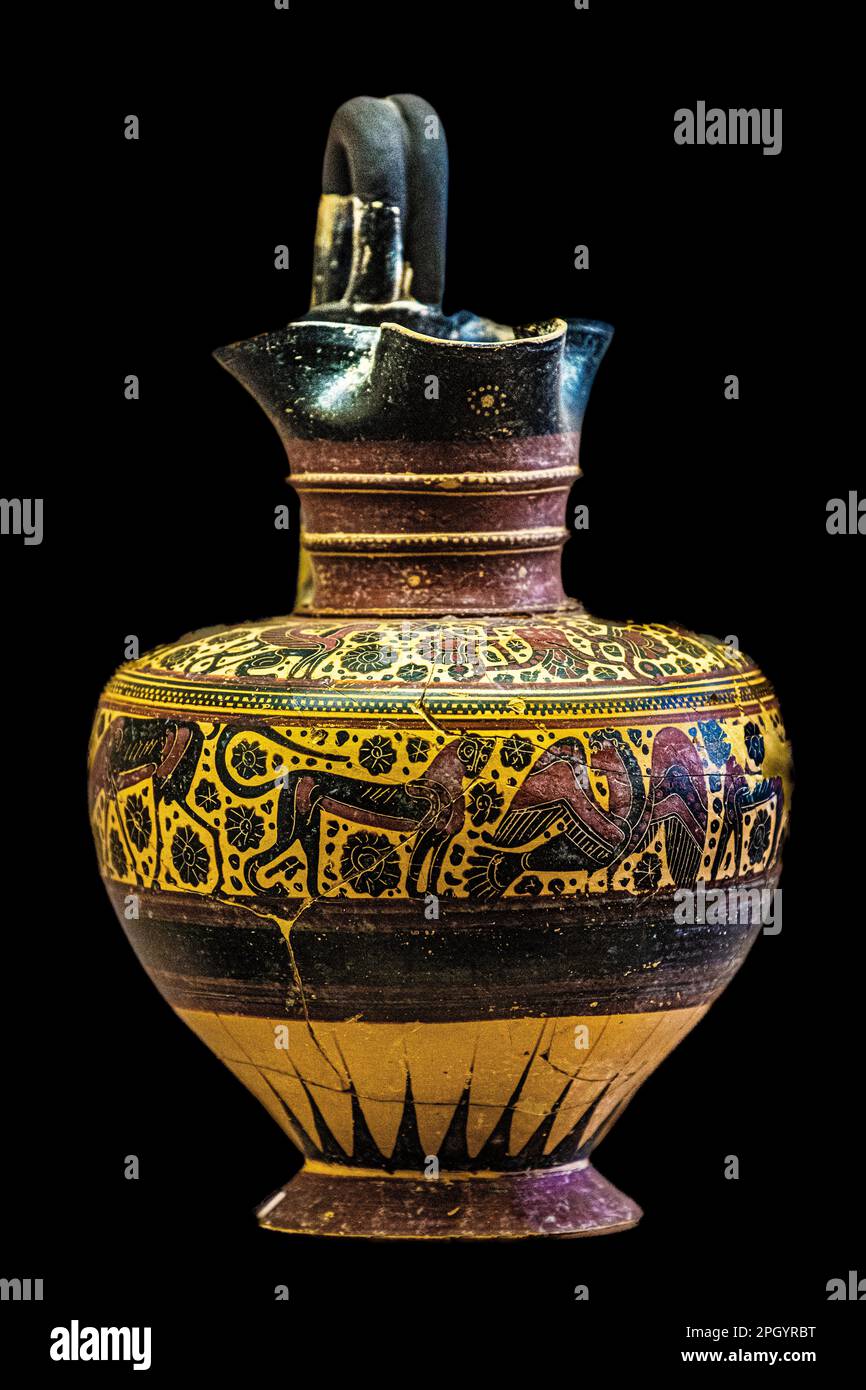 Jug with miniature scenes in blackfigure technique, ProtoCorinthian
