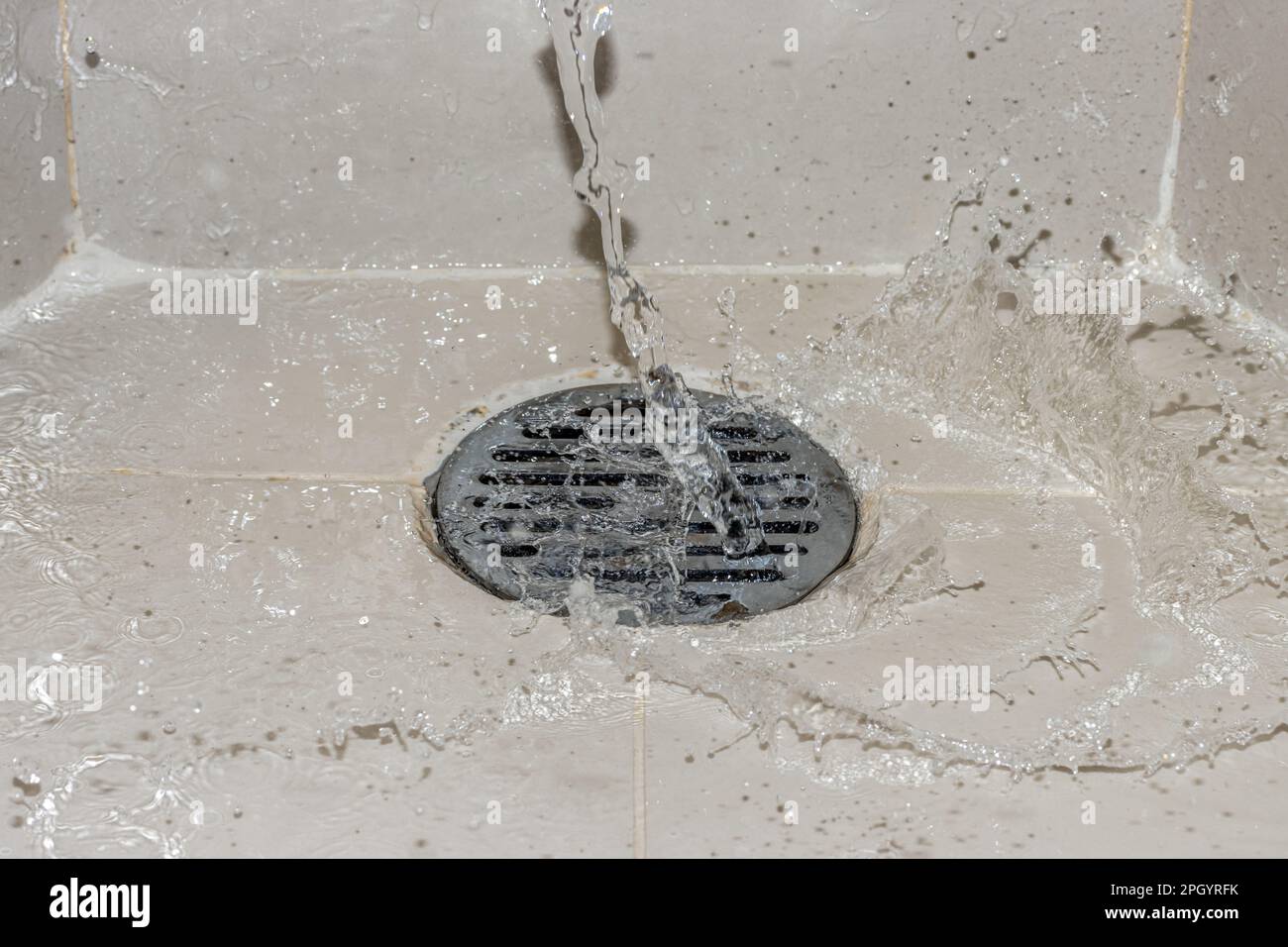 A water of stream is pouring on the shower drain grate Stock Photo Alamy
