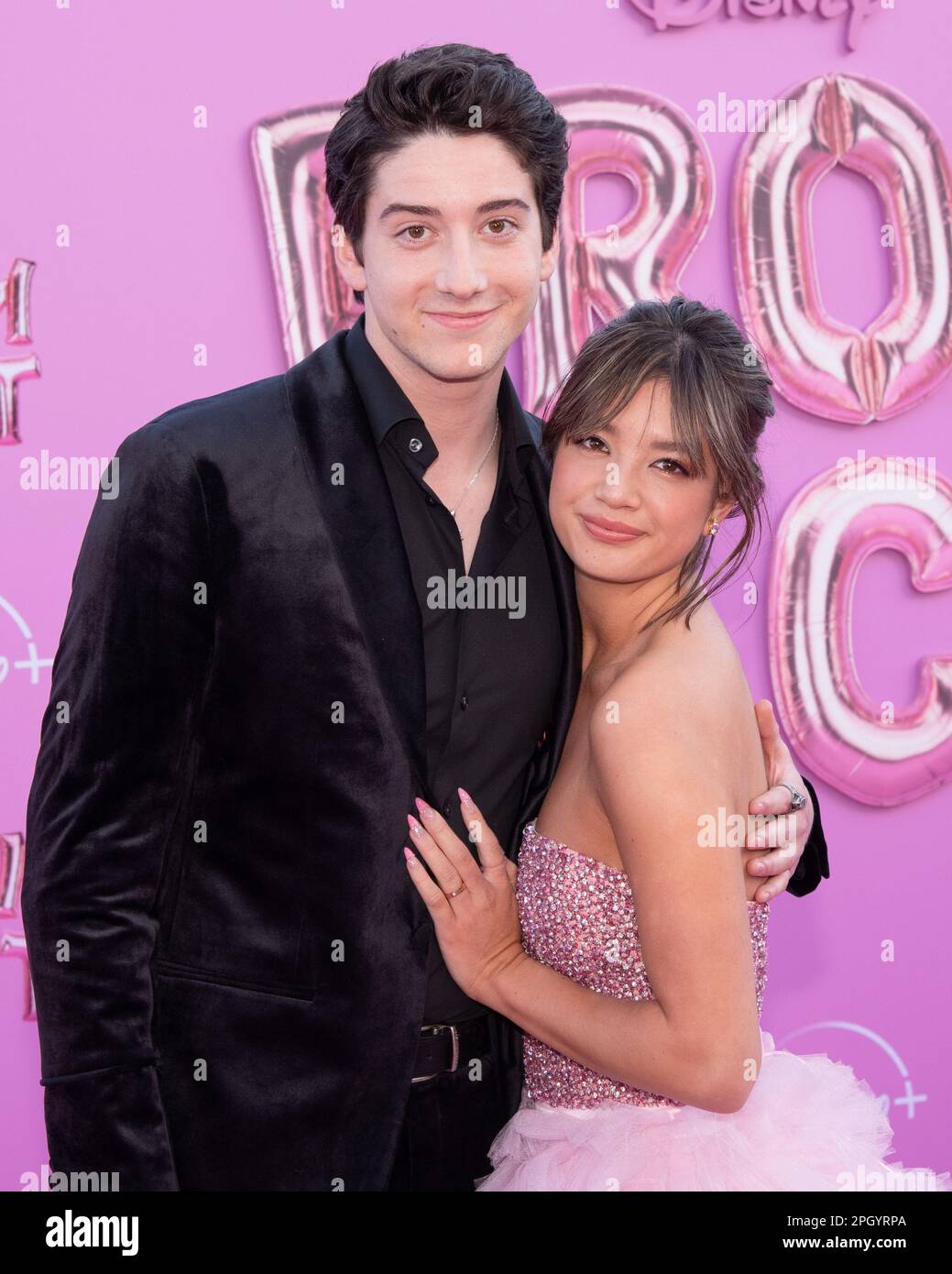 March 24, 2023, Los Angeles, California, USA: MILO MANHEIM and PEYTON ELIZABETH LEE attend the Disney Plus Orignal Movie Premiere 'Prom Pact' (Credit Image: © Billy Bennight/ZUMA Press Wire) EDITORIAL USAGE ONLY! Not for Commercial USAGE! Stock Photo