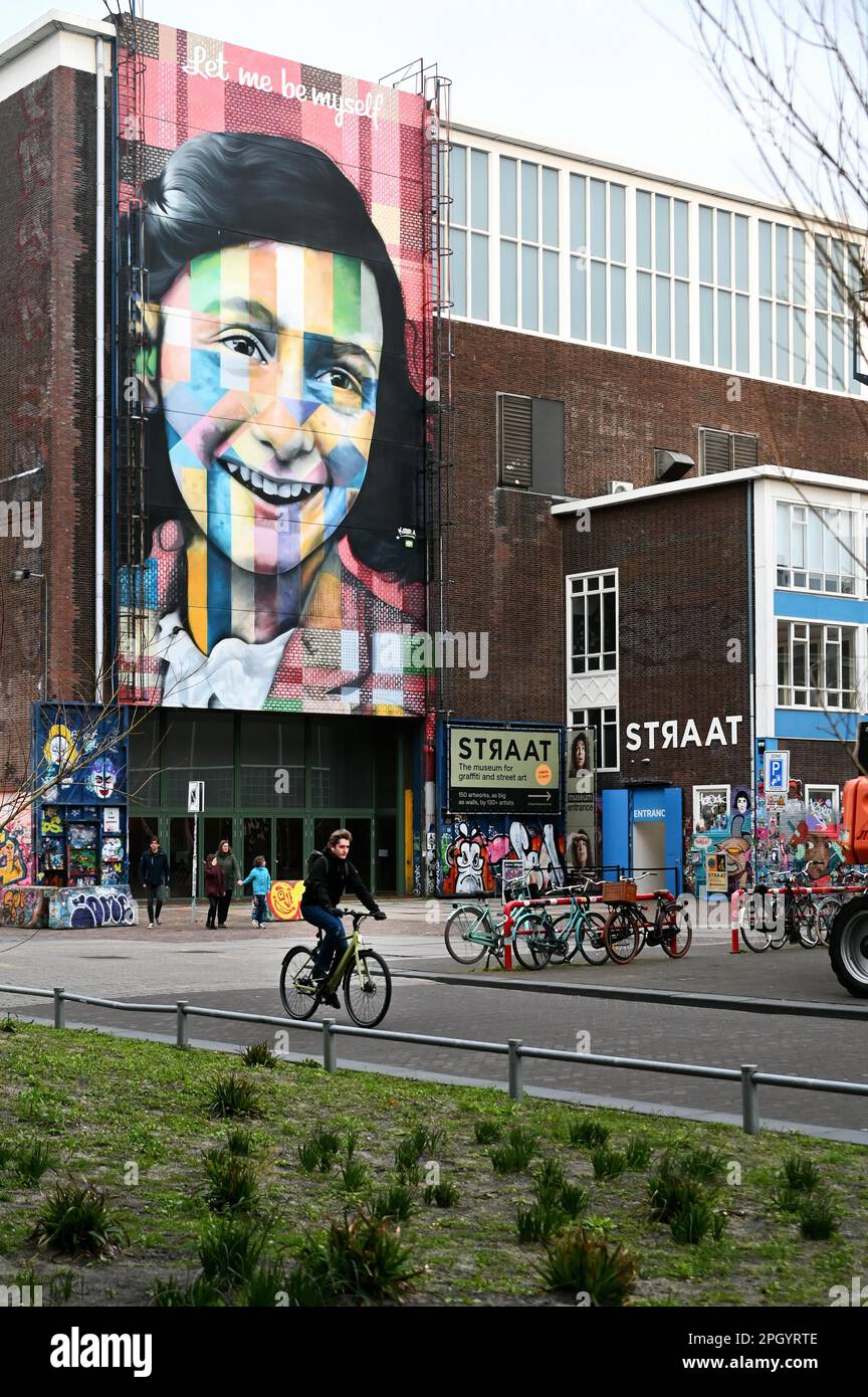 Anne Frank portrait on the facade of the Straat Museum, NDSM Plein