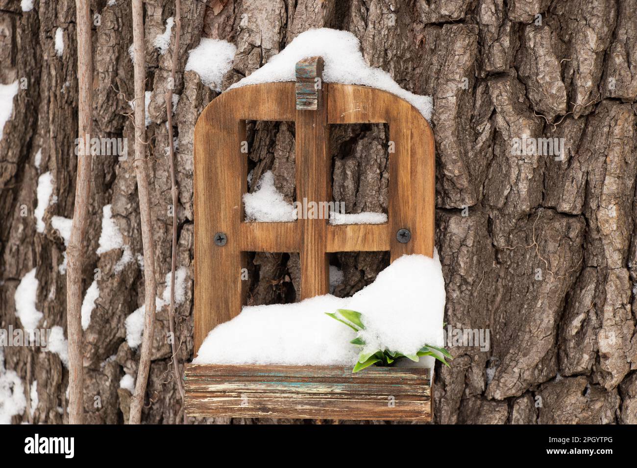 small fairytale wooden house in a tree in a park in winter in the snow Stock Photo