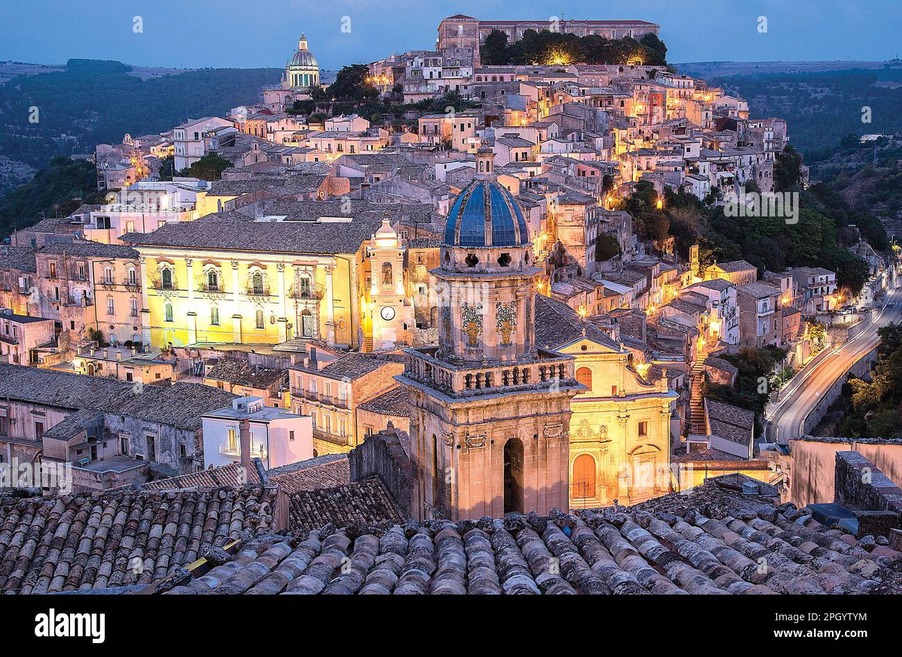 Aerial view of Ragusa Sicily with cathedral in foreground Stock Photo