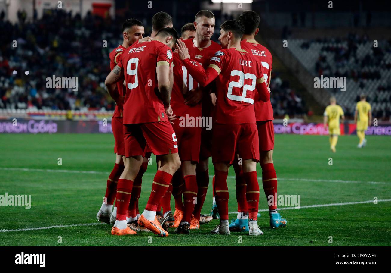 Belgrade. 25th Mar, 2023. Serbia's players celebrate a goal during the