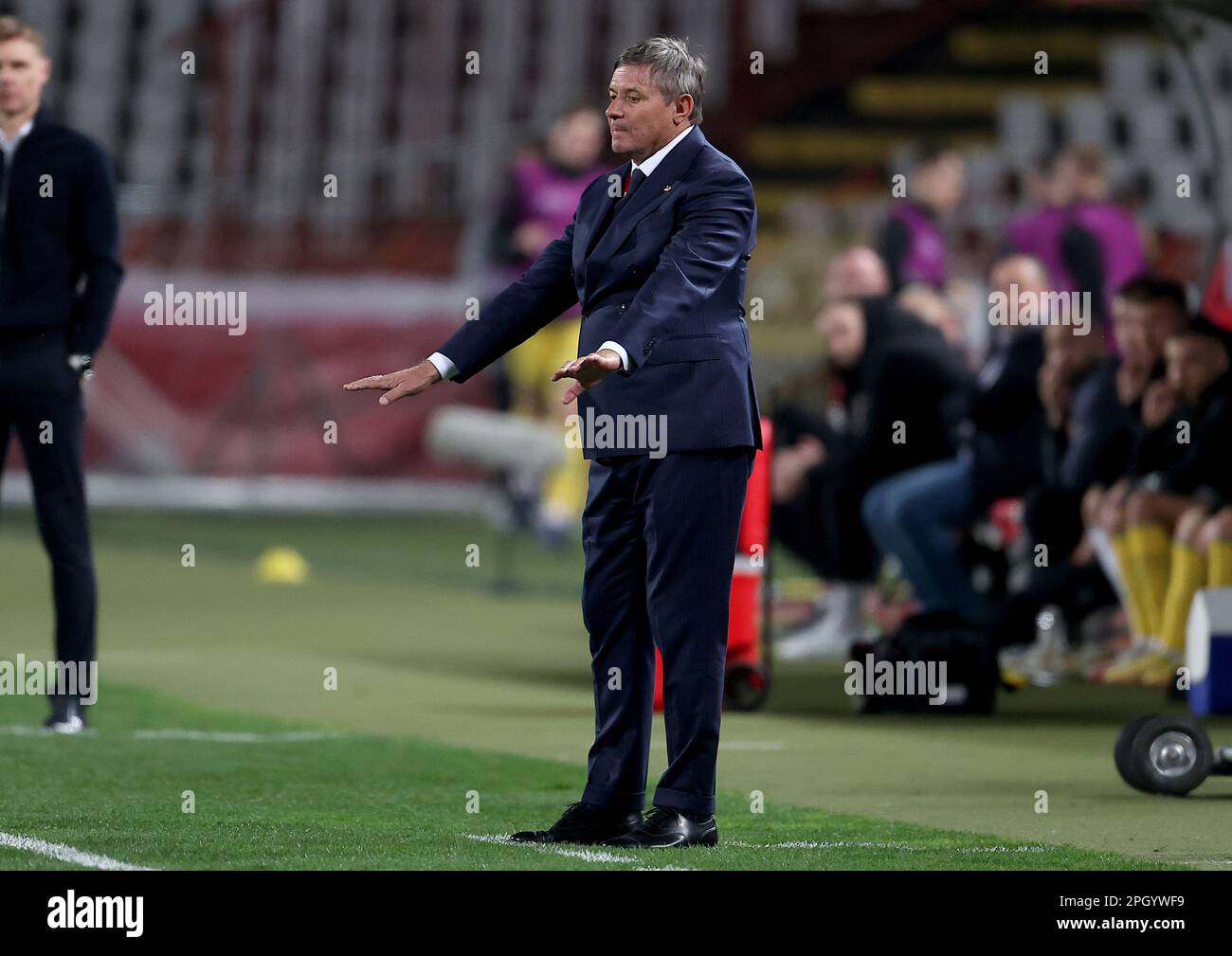 Belgrade. 25th Mar, 2023. Serbia's head coach Dragan Stojkovic gestures during the UEFA Euro 2024 Group G qualification match between Serbia and Lithuania in Belgrade, Serbia on March 24, 2023. Credit: Xinhua/Alamy Live News Stock Photo