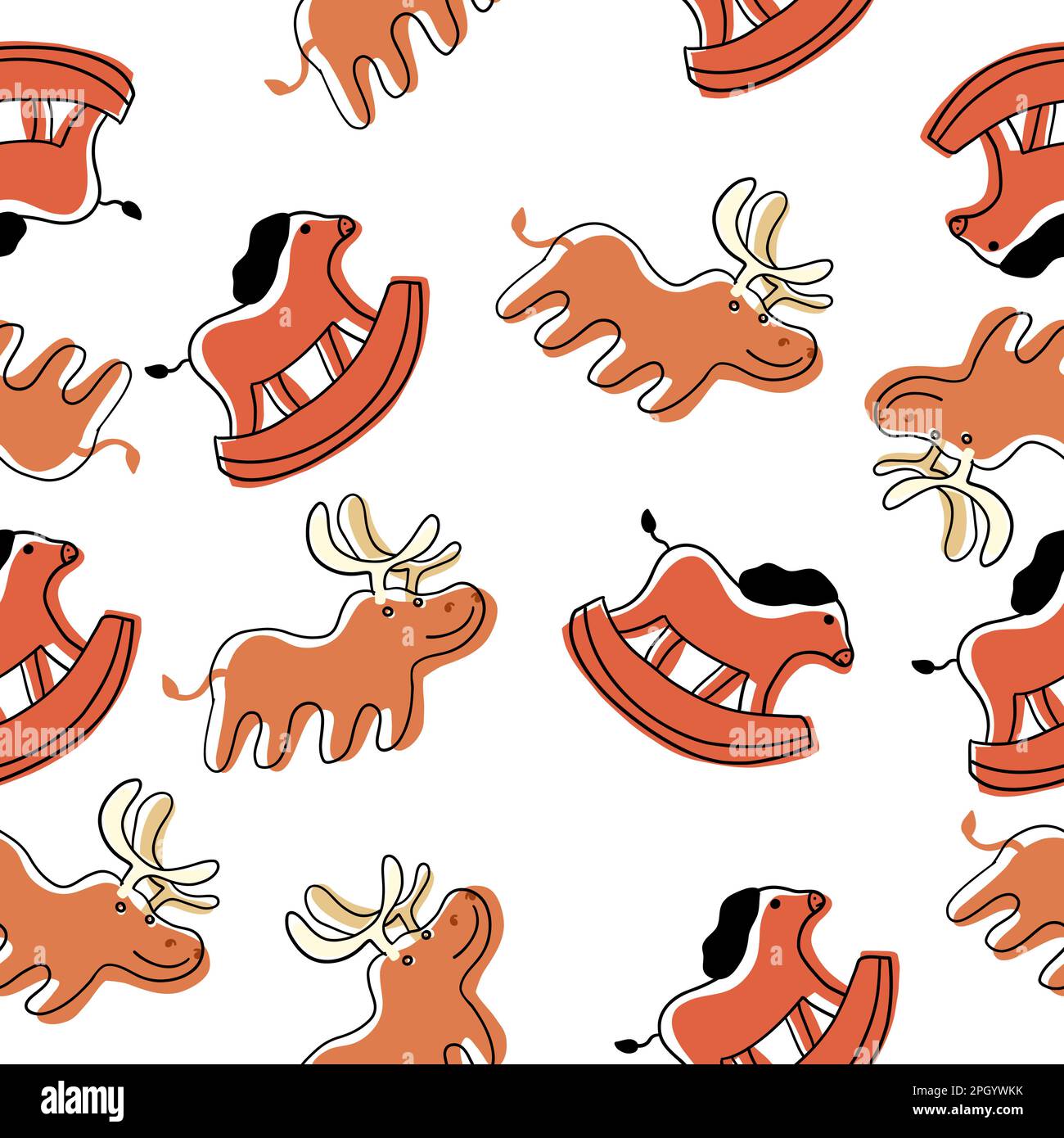 Cartoon Christmas Horse and Deer Toys in cartoon flat style isolated on white background. Vector seamless pattern. Stock Vector