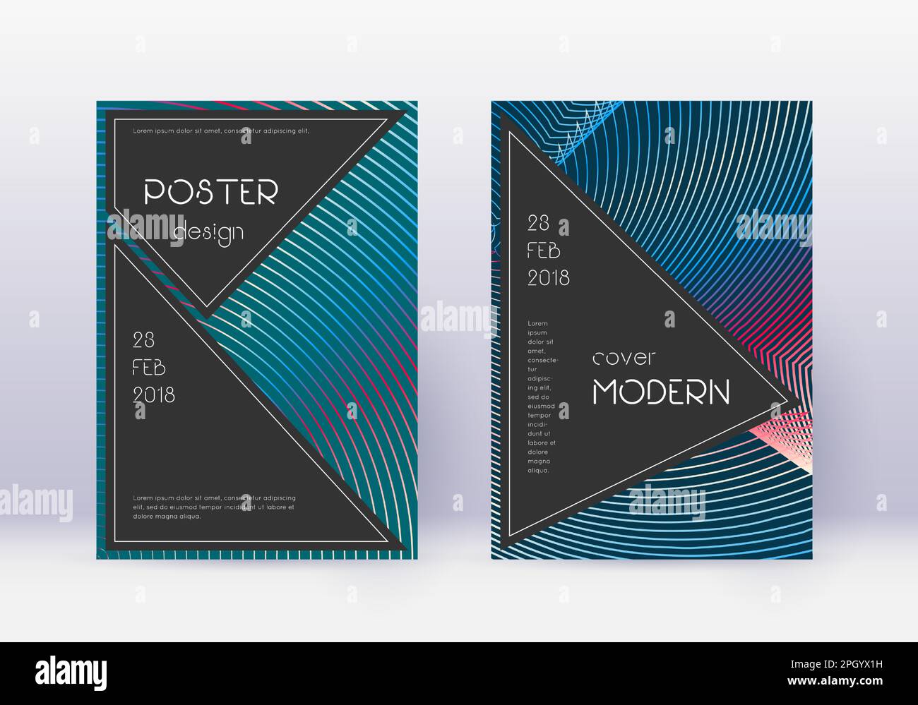 Black cover design template set. Red abstract lines on white blue