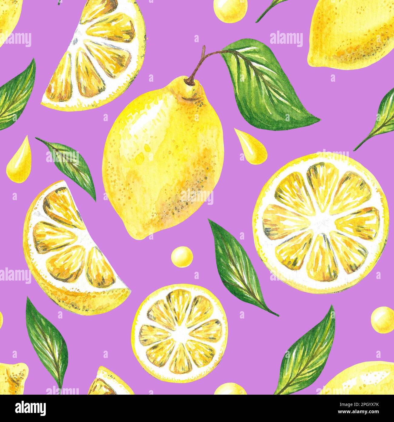 Hand drawn seamless pattern with ripe yellow lemons and leaves Stock ...
