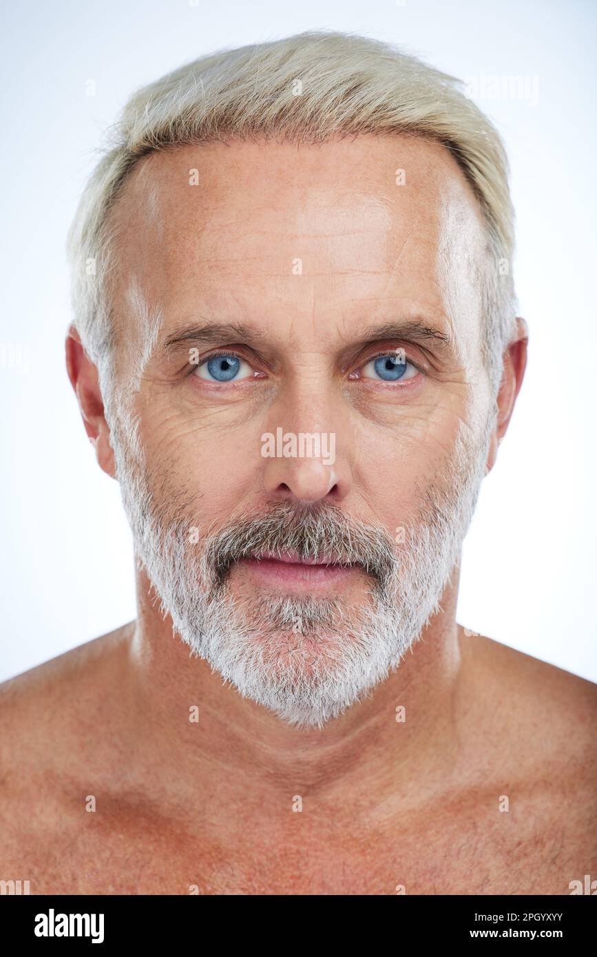 Old man, portrait and serious, face with beauty and grooming, hygiene ...