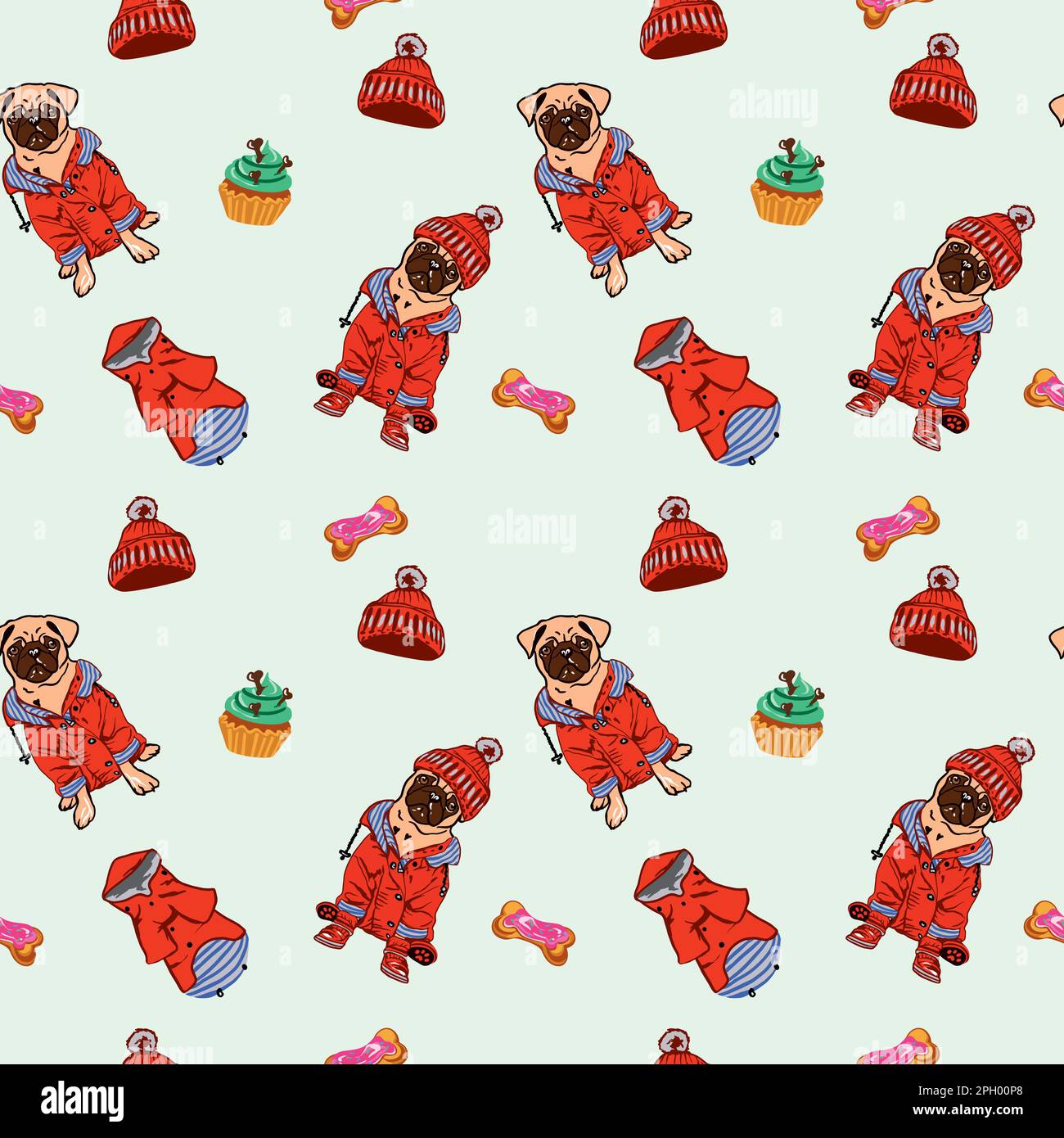 Vector illustration of a pug. Seamless vector pattern with dogs. Stock Vector