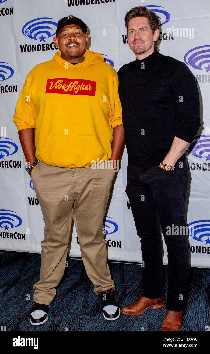 Omar Miller, Steve Howey at the press room for 'True Lies'  during the 2023 WonderCon convention at the Anaheim Convention Center on Friday, March 24, Stock Photo