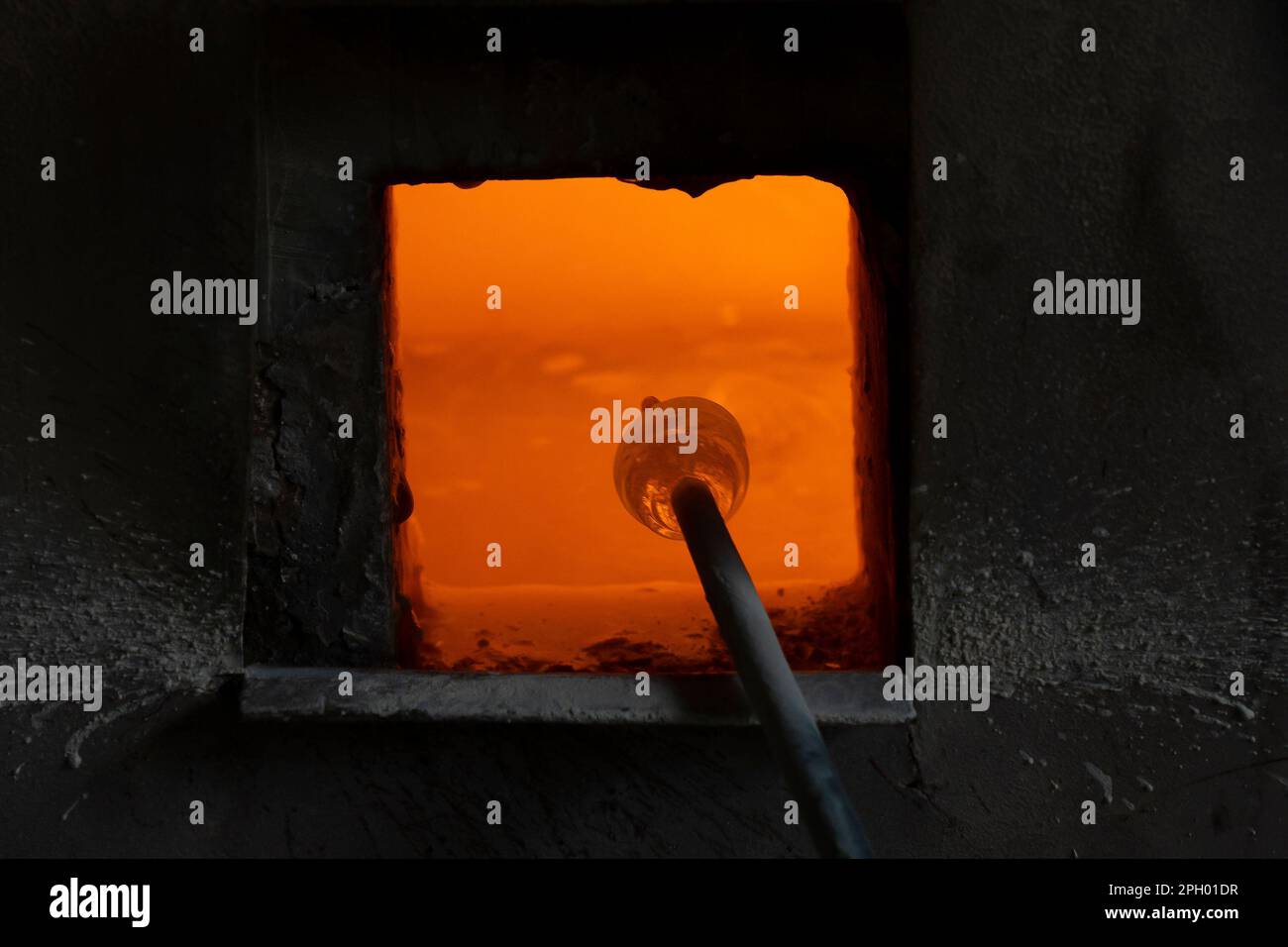 A lump of glass heated in a glass melting furnace, so it can be