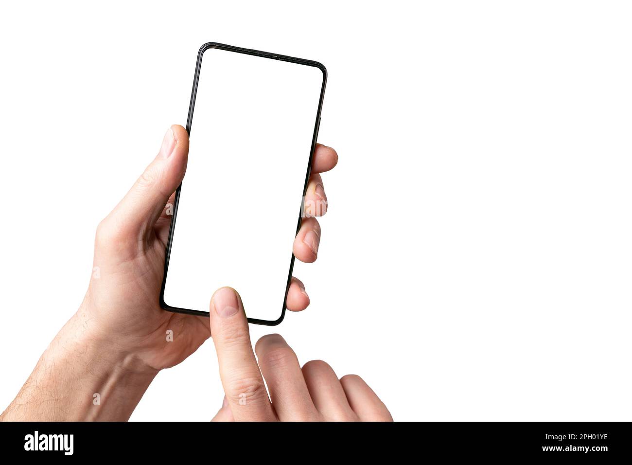 Mobile phone mockup, finger touching, tapping on smartphone screen mock-up frame in men hand isolated on white background. Stock Photo