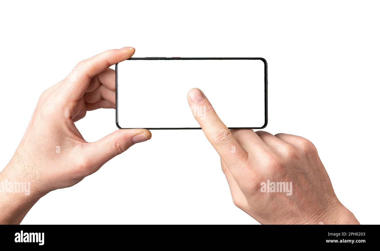 Mobile phone mockup, Hands holding smartphone, pointing with finger, clicking play on empty cellphone screen mock-up frame isolated on white backgroun Stock Photo