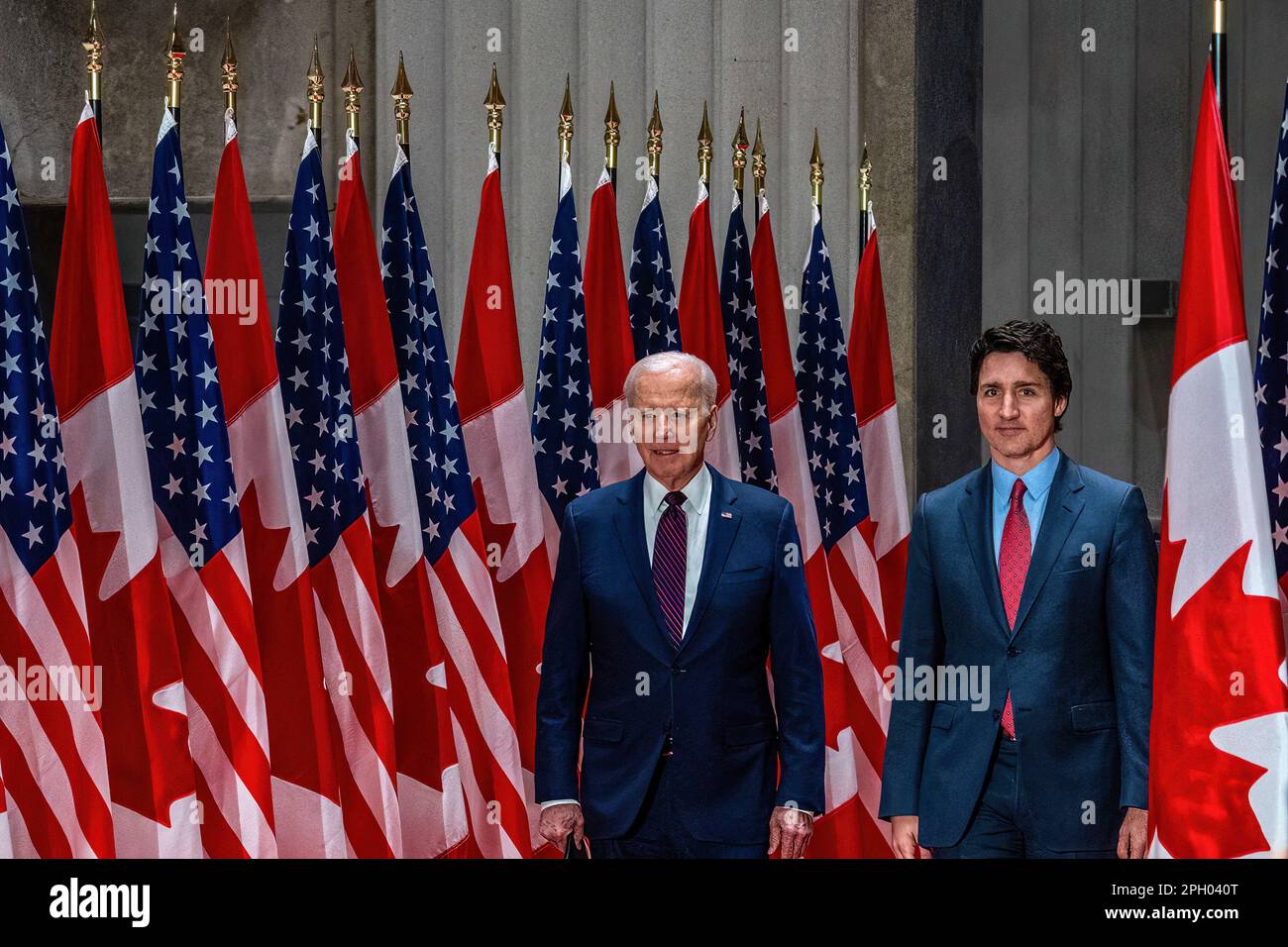 Ottawa, Canada. 24th Mar, 2023. U.S. President Joe Biden and Canadian Prime Minister Justin Trudeau seen prior to a joint press conference with journalists at the Sir John A. Macdonald Building in Ottawa. This is the first official visit that the American president has made to Canada since becoming president. Though visits between elected presidents and the allied country typically take place sooner, Biden's inaugural visit to the northern neighbor was delayed due to COVID-19 travel restrictions. Credit: SOPA Images Limited/Alamy Live News Stock Photo