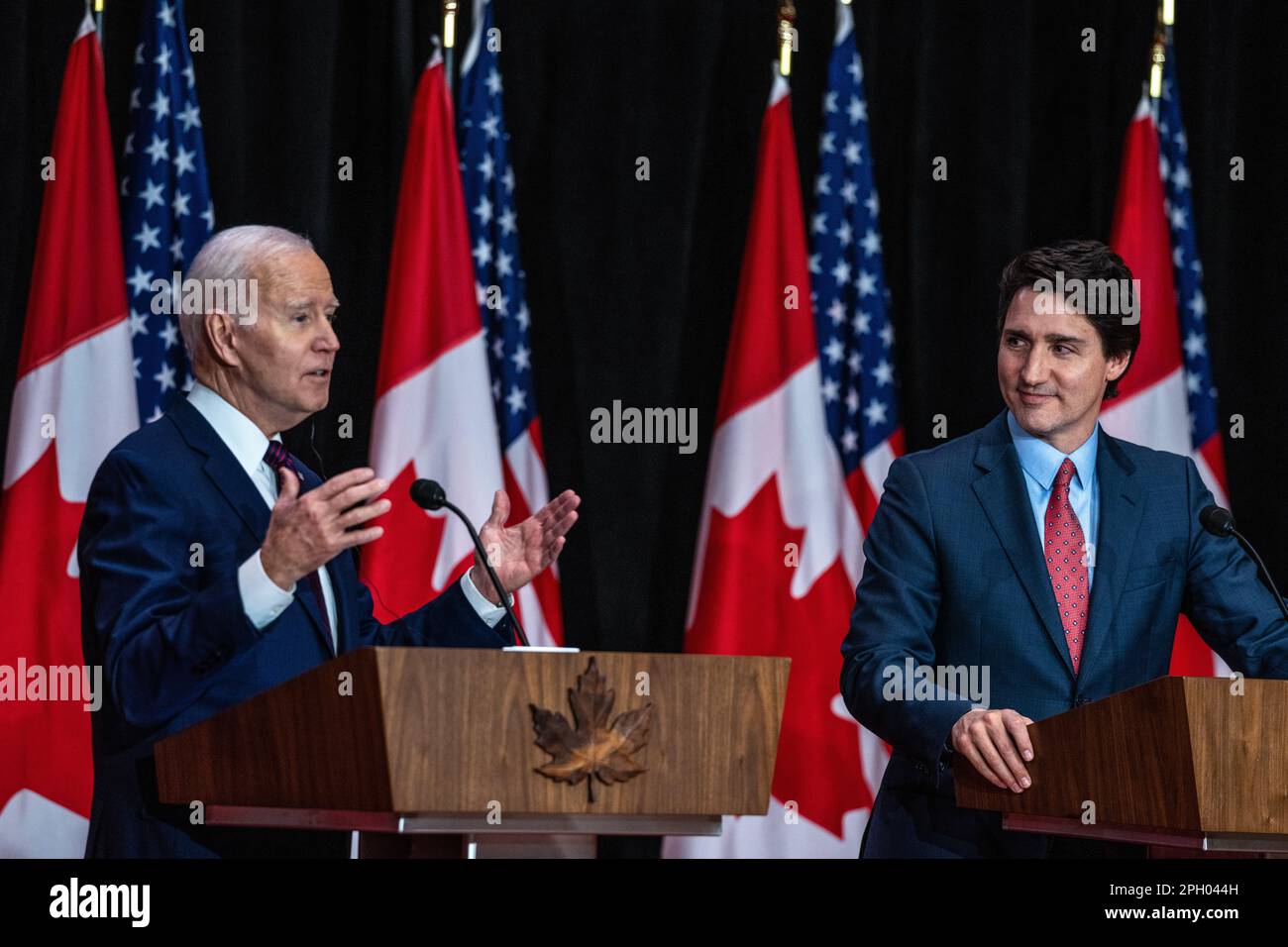 Ottawa, Canada. 24th Mar, 2023. U.S. President Joe Biden speaks during a joint press conference with Canadian Prime Minister Justin Trudeau at the Sir John A. Macdonald Building in Ottawa. This is the first official visit that the American president has made to Canada since becoming president. Though visits between elected presidents and the allied country typically take place sooner, Biden's inaugural visit to the northern neighbor was delayed due to COVID-19 travel restrictions. Credit: SOPA Images Limited/Alamy Live News Stock Photo