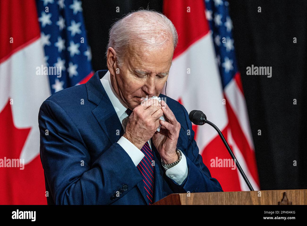 Ottawa, Canada. 24th Mar, 2023. U.S. President Joe Biden seen during a joint press conference with Canadian Prime Minister Justin Trudeau (not in view) at the Sir John A. Macdonald Building in Ottawa. This is the first official visit that the American president has made to Canada since becoming president. Though visits between elected presidents and the allied country typically take place sooner, Biden's inaugural visit to the northern neighbor was delayed due to COVID-19 travel restrictions. (Photo by Katherine KY Cheng/SOPA Images/Sipa USA) Credit: Sipa USA/Alamy Live News Stock Photo