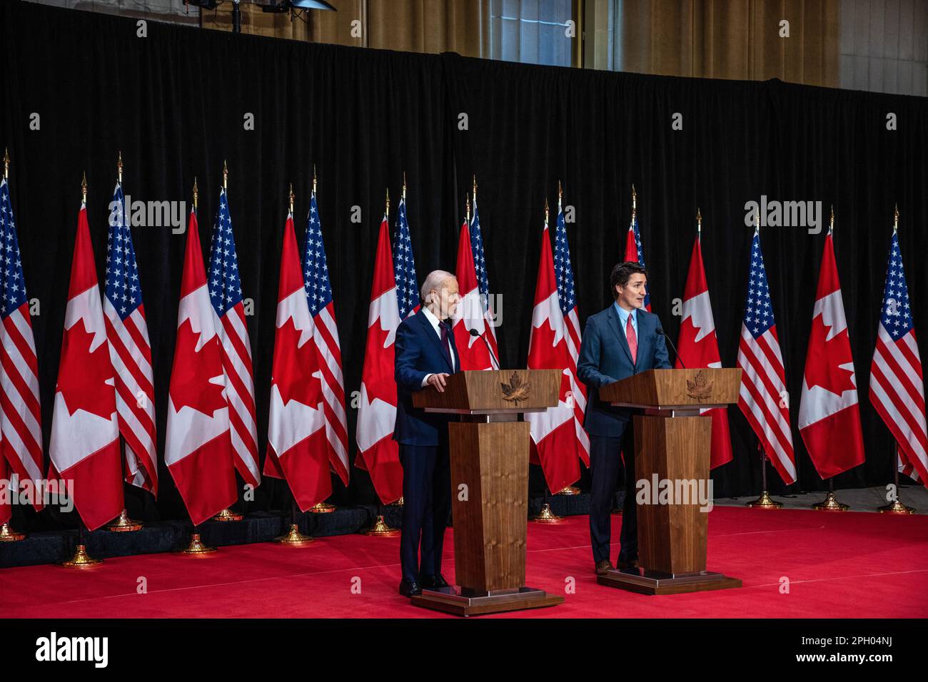 Ottawa, Canada. 24th Mar, 2023. U.S. President Joe Biden speaks during a joint press conference with Canadian Prime Minister Justin Trudeau at the Sir John A. Macdonald Building in Ottawa. This is the first official visit that the American president has made to Canada since becoming president. Though visits between elected presidents and the allied country typically take place sooner, Biden's inaugural visit to the northern neighbor was delayed due to COVID-19 travel restrictions. (Photo by Katherine KY Cheng/SOPA Images/Sipa USA) Credit: Sipa USA/Alamy Live News Stock Photo