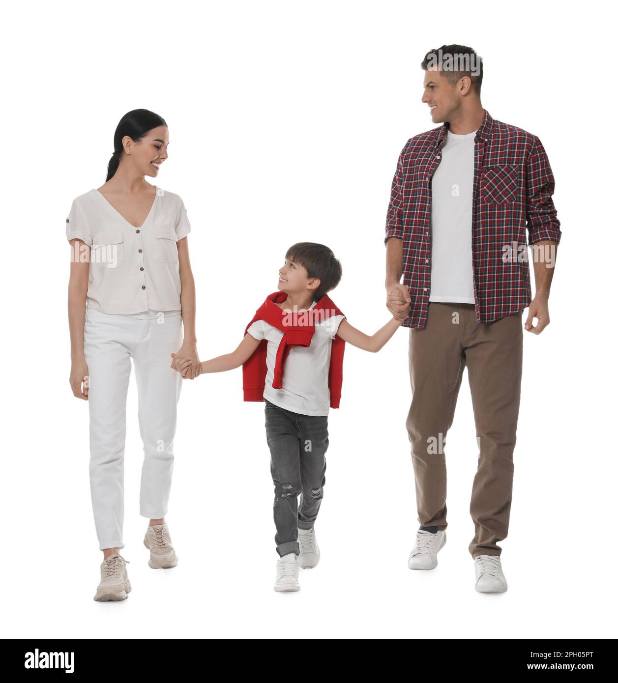Little boy with his parents together on white background Stock Photo
