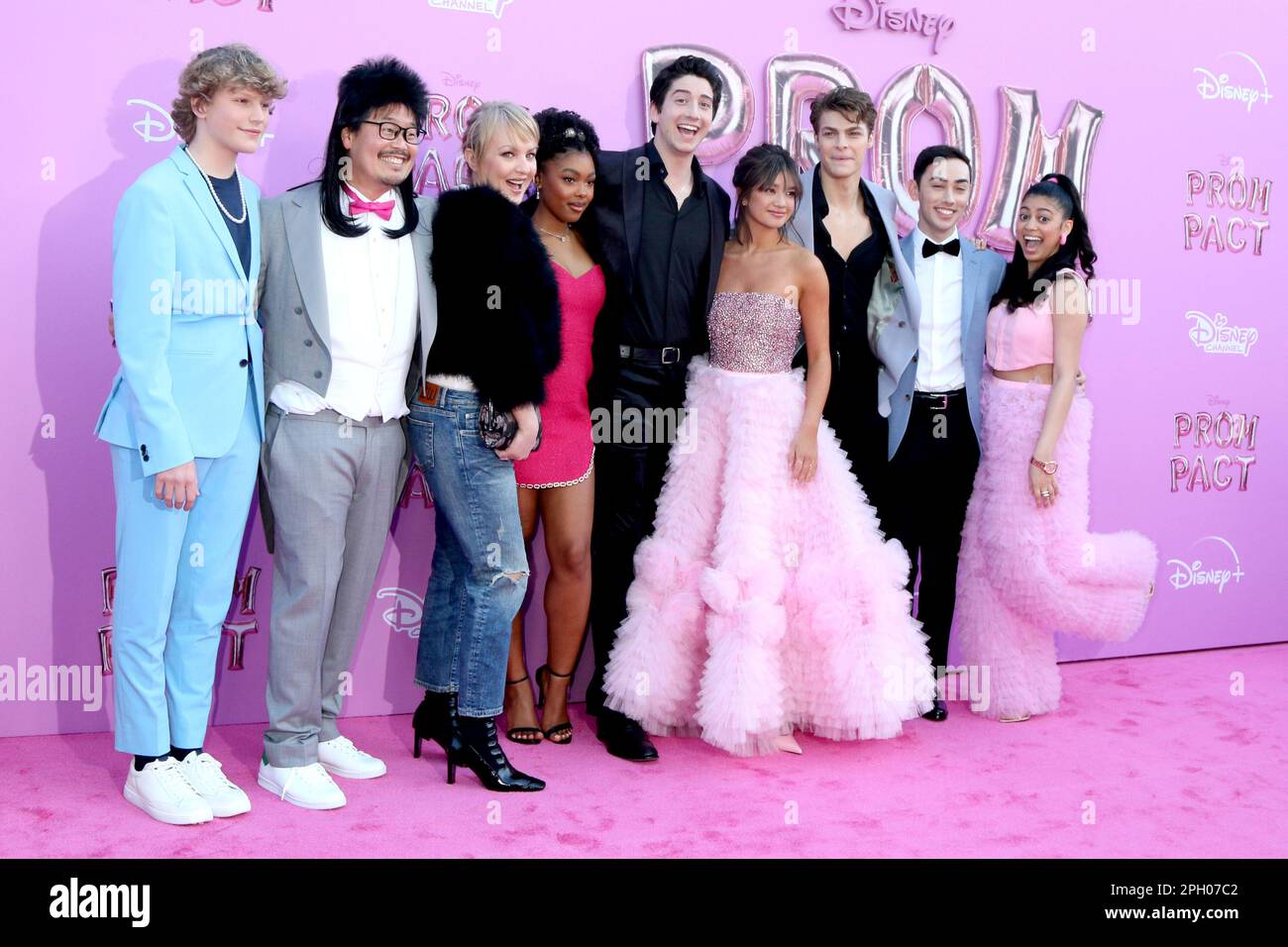 March 24, 2023, Los Angeles, CA, USA: LOS ANGELES - MAR 24: Nolan Dubuc, David S. Jung, Wendi McLendon-Covey, Monique Green, Milo Manheim, Peyton Elizabeth Lee, Blake Draper, Jason Sakaki, Arica Himmel at Prom Pact Premiere Screening at the Wilshire Ebell Theater on March 24, 2023 in Los Angeles, CA (Credit Image: © Kay Blake/ZUMA Press Wire) EDITORIAL USAGE ONLY! Not for Commercial USAGE! Stock Photo