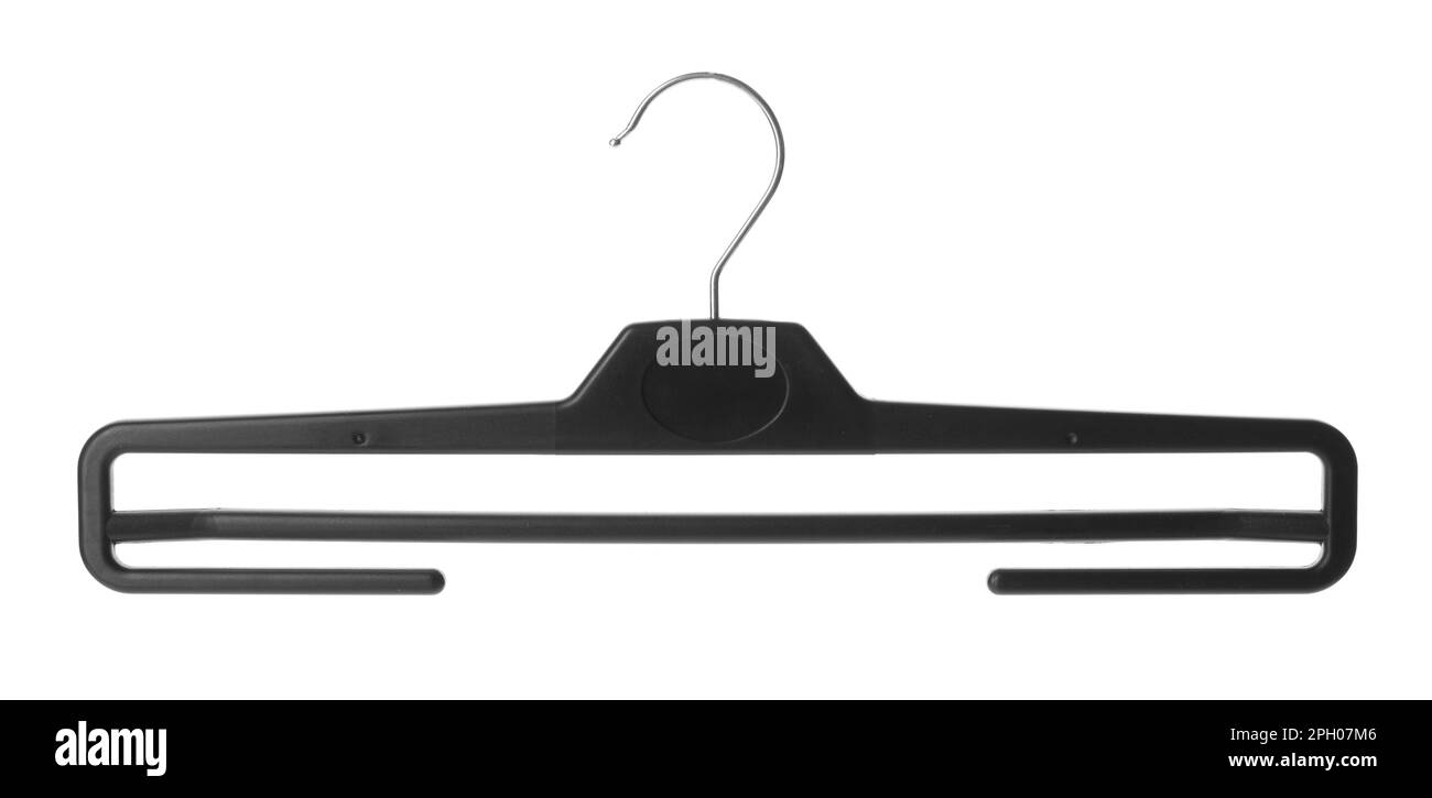 Empty plastic hanger isolated on white. Wardrobe accessory Stock Photo