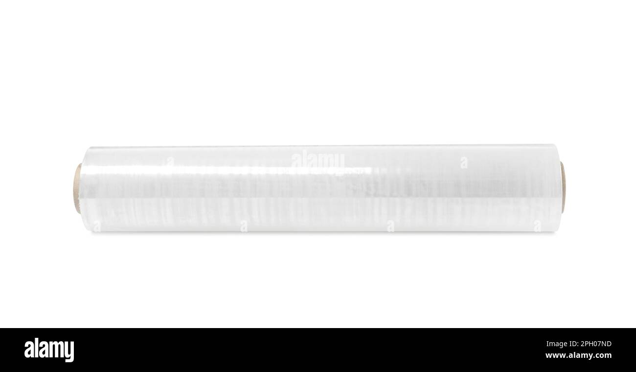 Roll of plastic stretch wrap film isolated on white Stock Photo Alamy