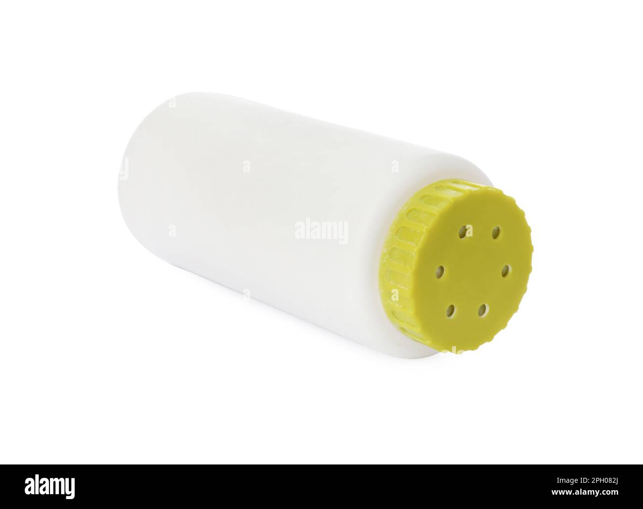 Bottle of dusting powder isolated on white. Baby cosmetic product Stock