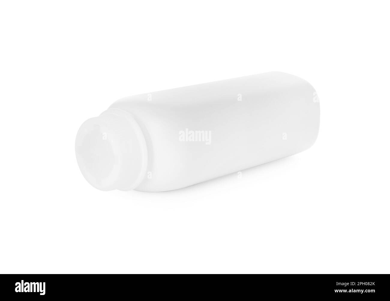 Bottle of dusting powder isolated on white. Baby cosmetic product Stock