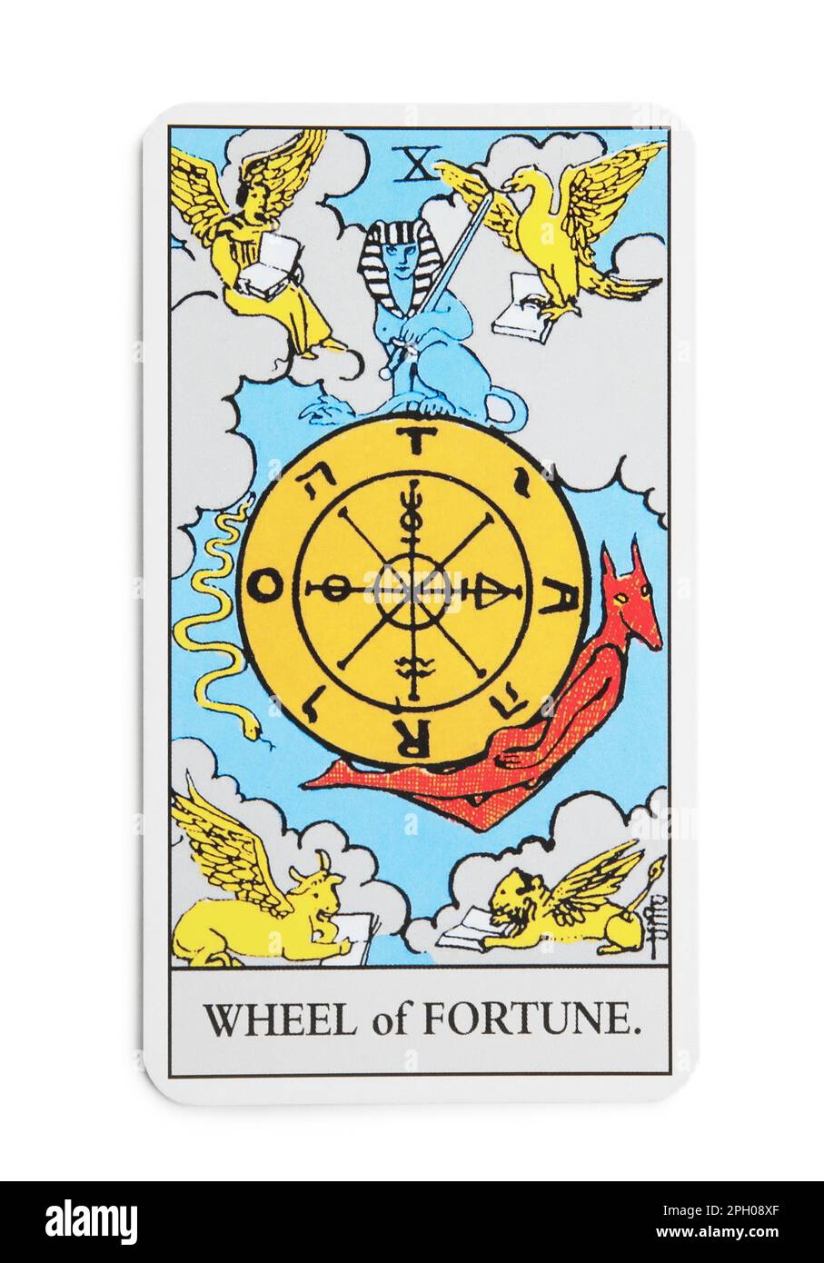 The Wheel of Fortune tarot card on white background, top view Stock Photo