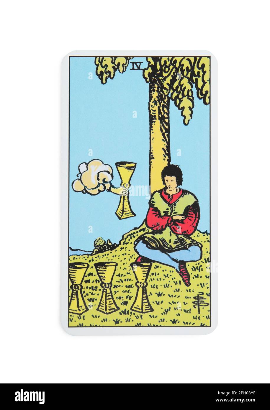 The Four of Cups tarot card on white background, top view Stock Photo