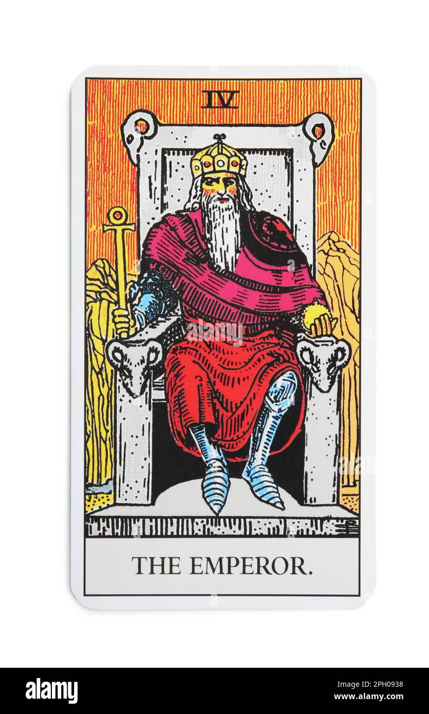 The Emperor tarot card on white background, top view Stock Photo