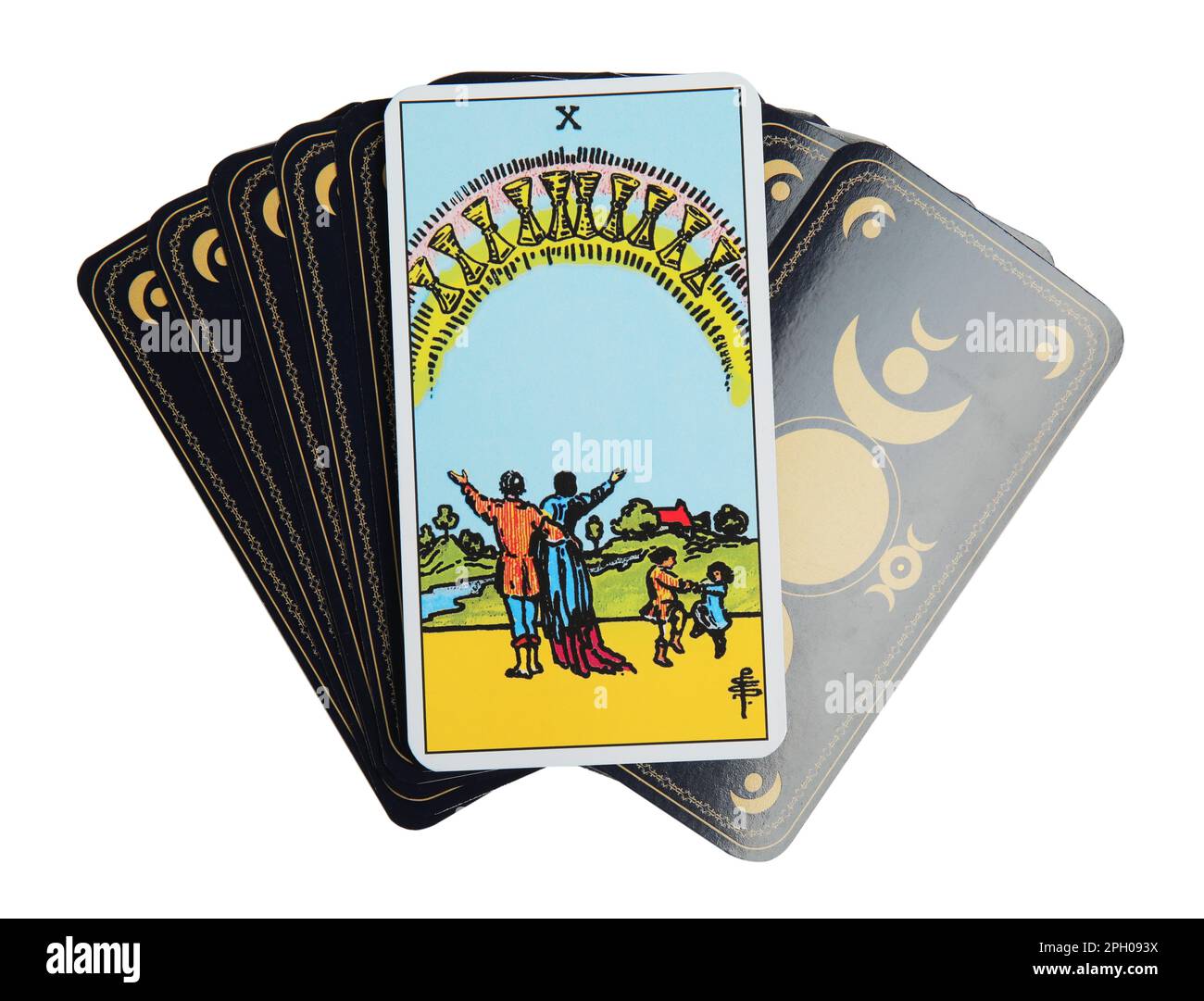 The Ten of Cups and other tarot cards on white background, top view