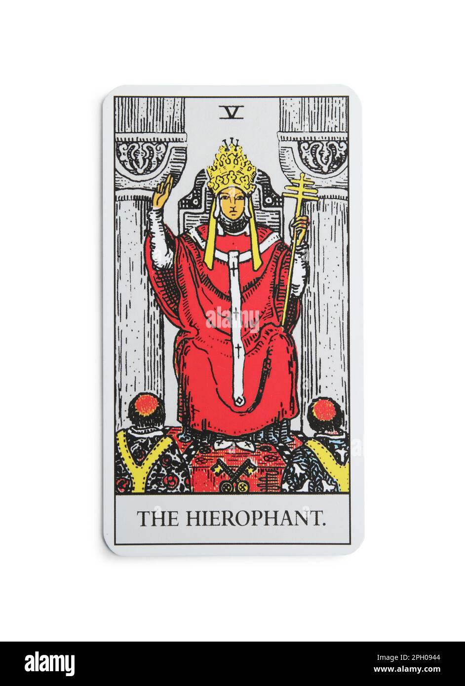 The Hierophant tarot card on white background, top view Stock Photo