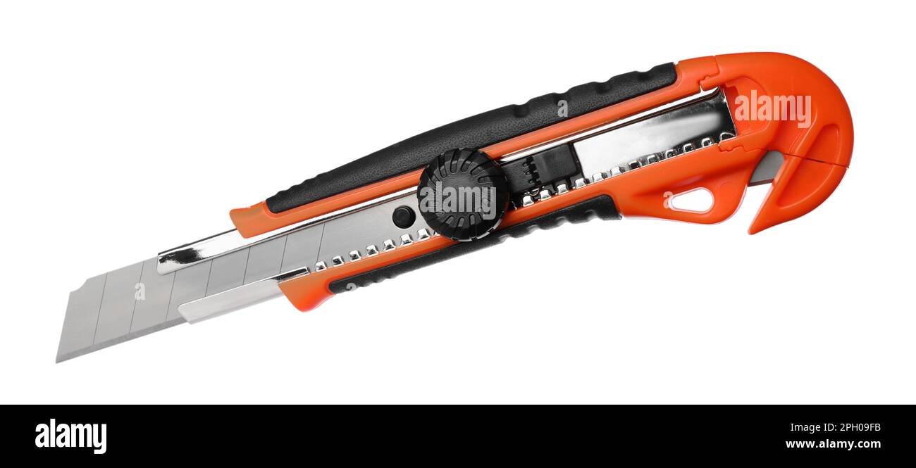 Orange utility knife isolated on white. Construction tool Stock Photo
