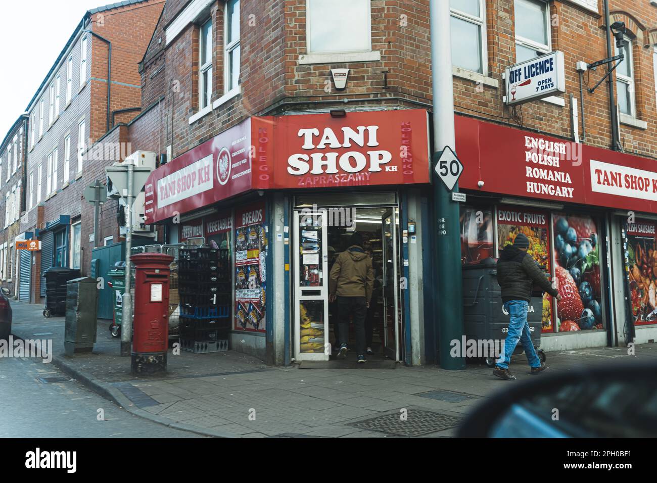 02.28.2023 - Nottingham, United Kingdom - English, Polish, Romanian and Hungarian small shop in the corner. High quality photo Stock Photo