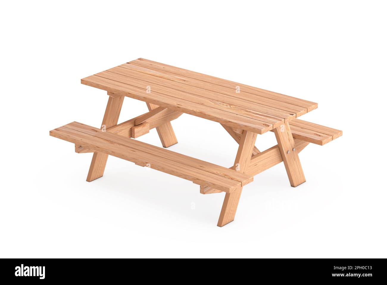 Wooden Picnic Table with Benches on a white background. 3d Rendering Stock Photo