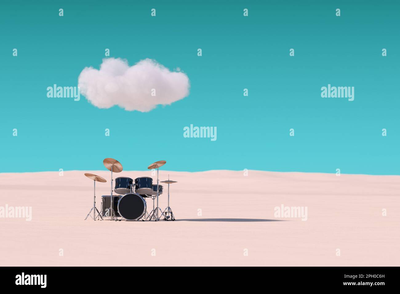 Professional Rock Black Drum Kit under Cloud in Desert on a blue sky background. 3d Rendering Stock Photo