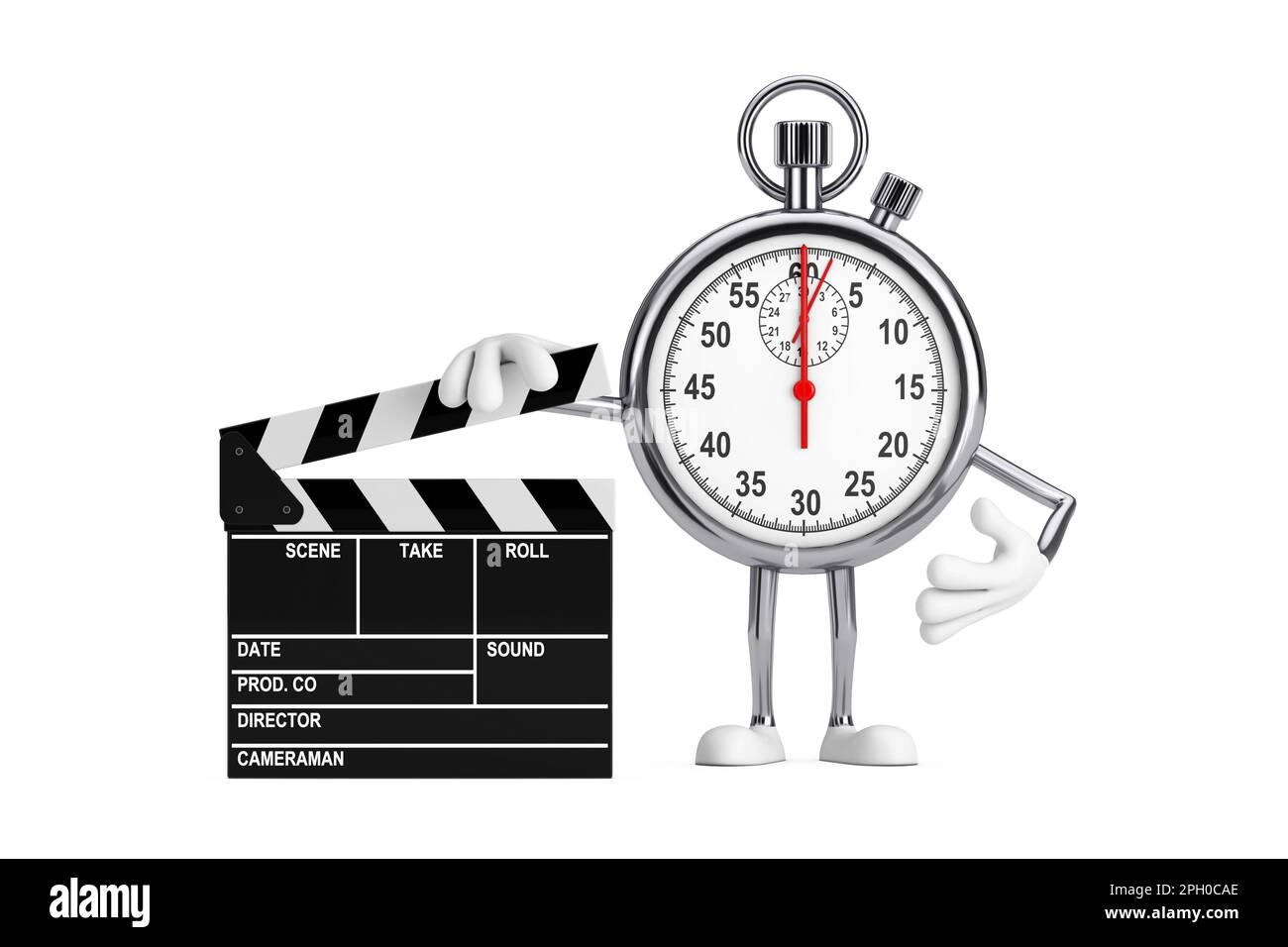 Modern Stopwatch Cartoon Person Character Mascot with Movie Clapper