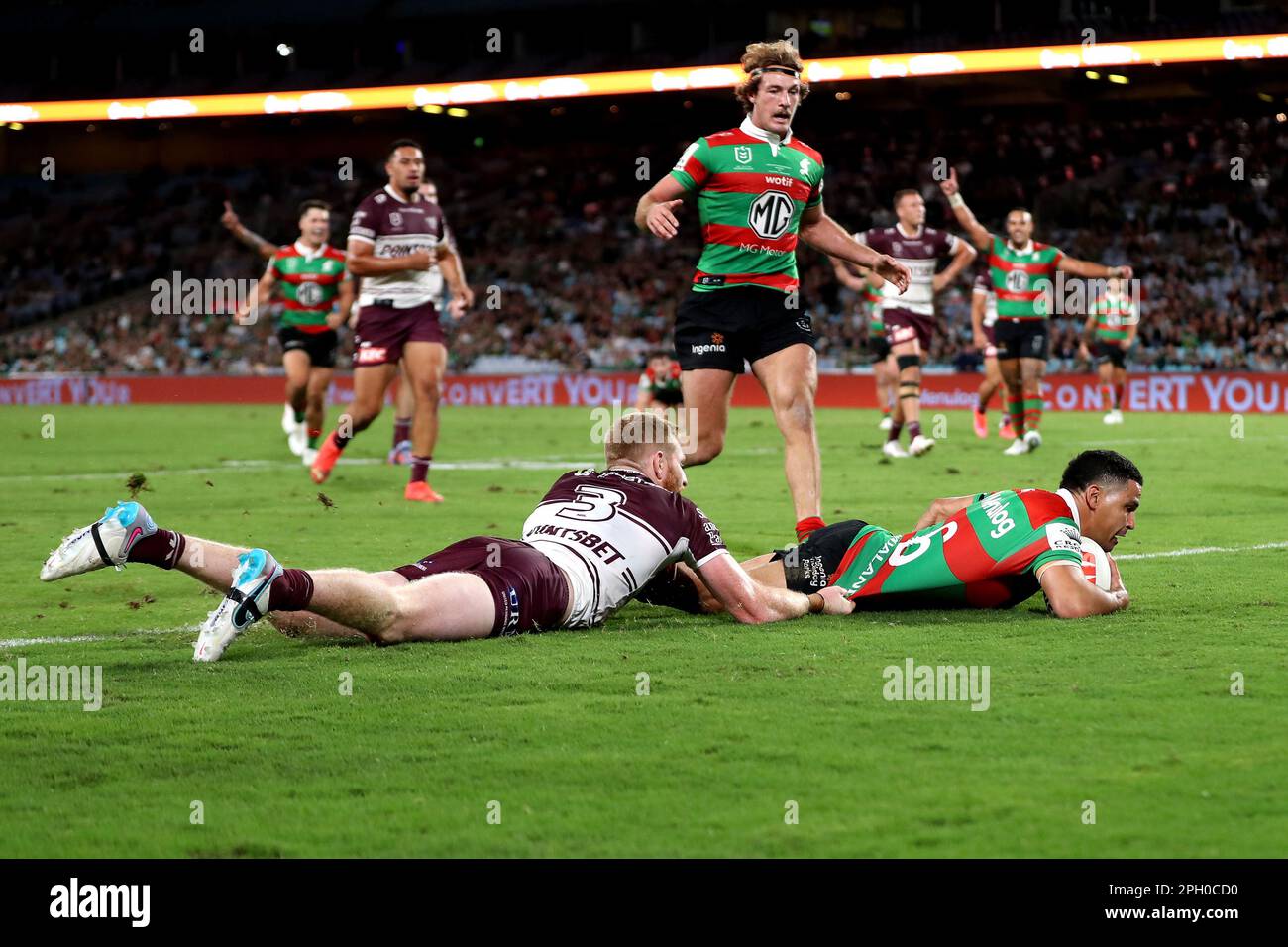 Cody Walker of the Rabbitohs scores a try during the NRL Round 4 match