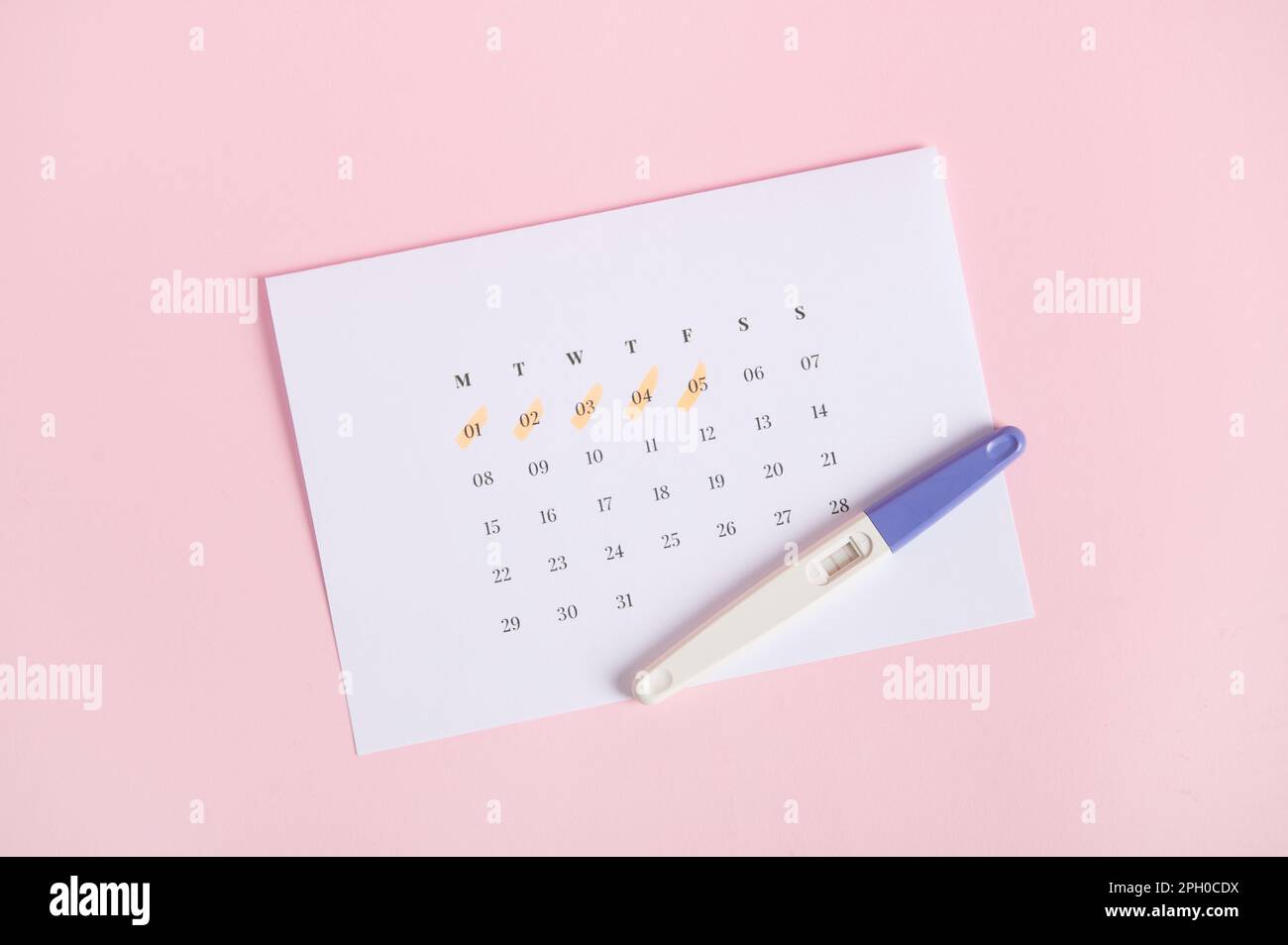 Positive pregnancy test showing two stripes on calendar with the dates of the last menstruation