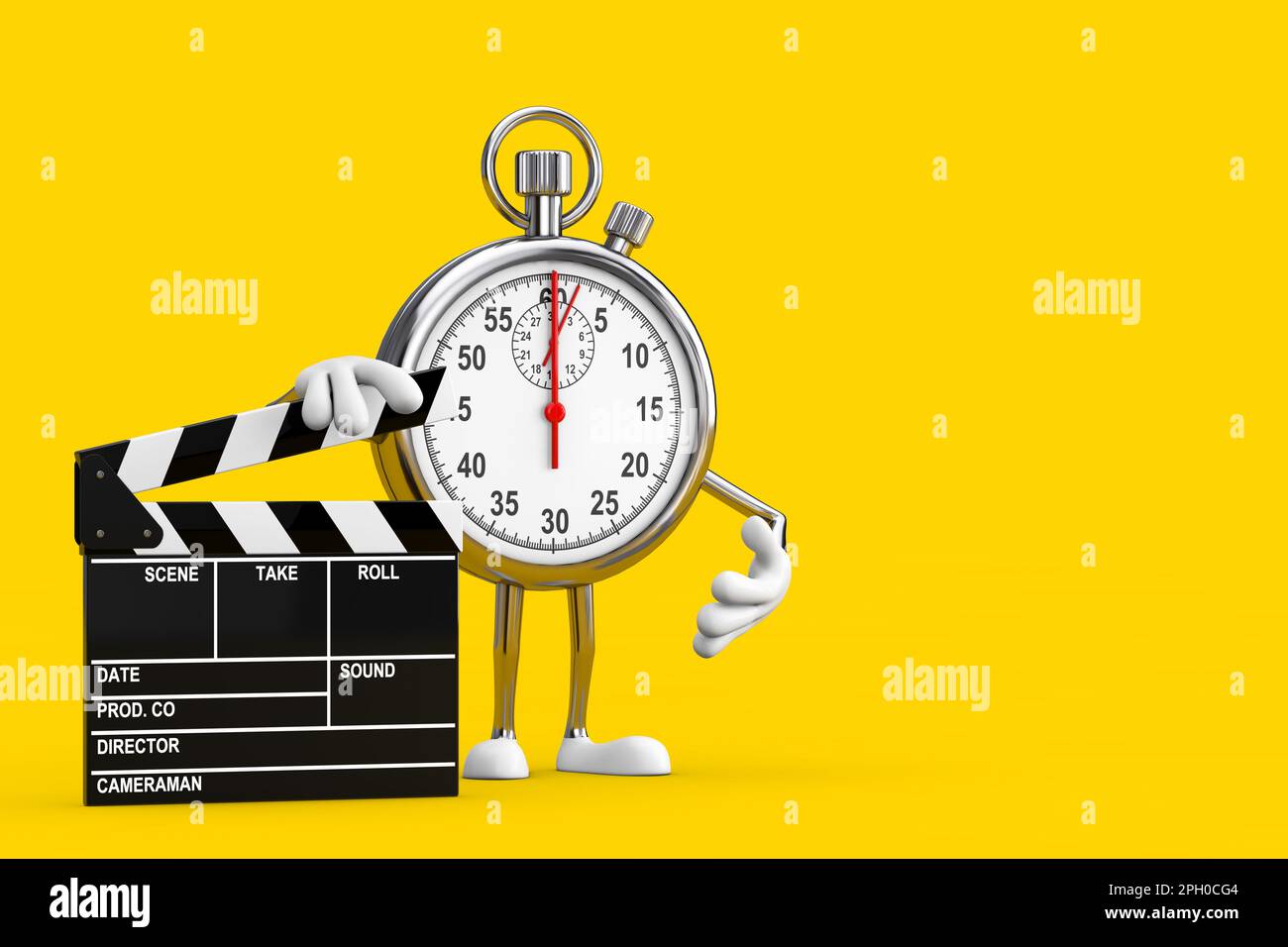 Modern Stopwatch Cartoon Person Character Mascot with Movie Clapper