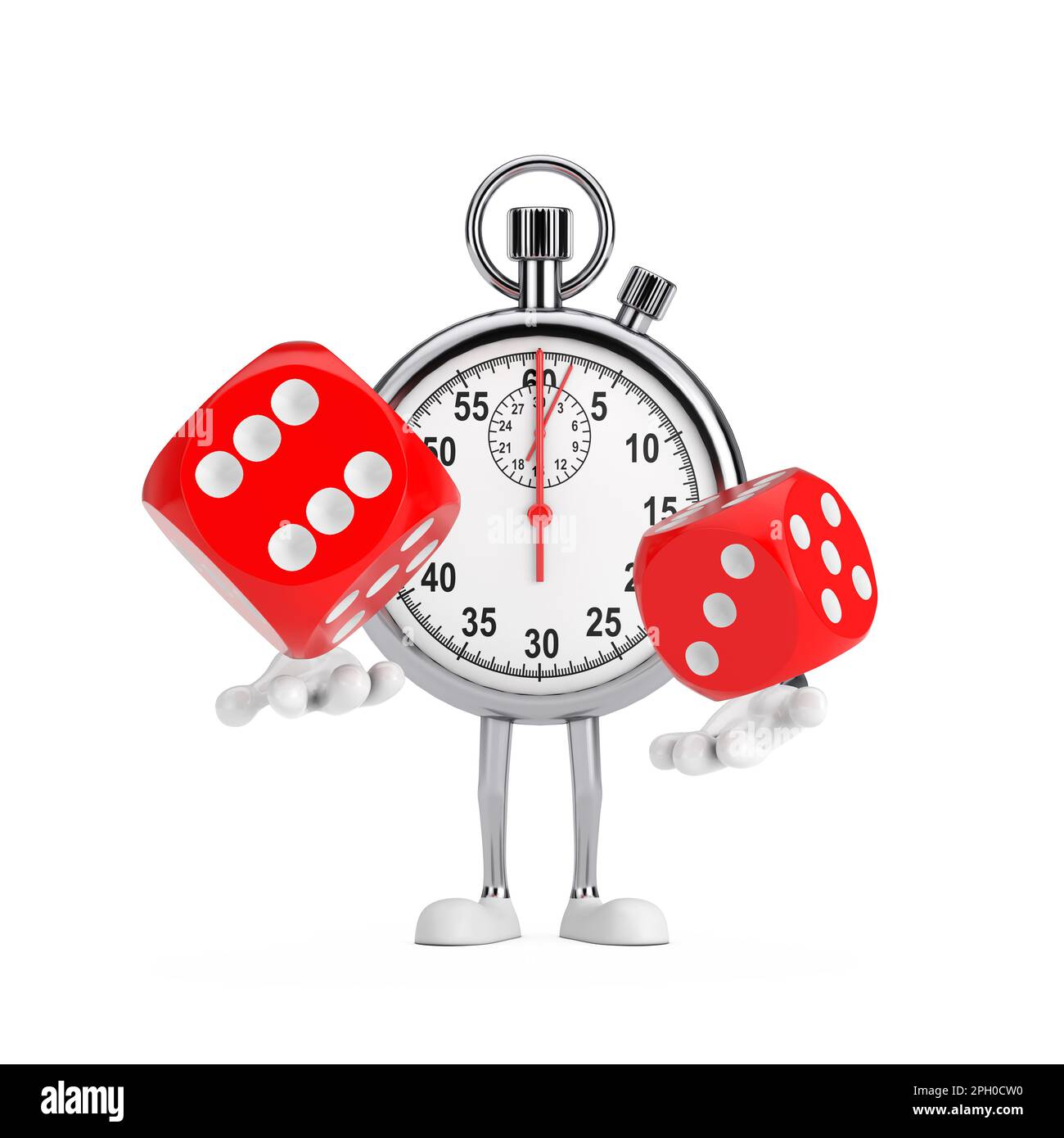 Modern Stopwatch Cartoon Person Character Mascot with Red Game Dice Cubes in Flight on a white